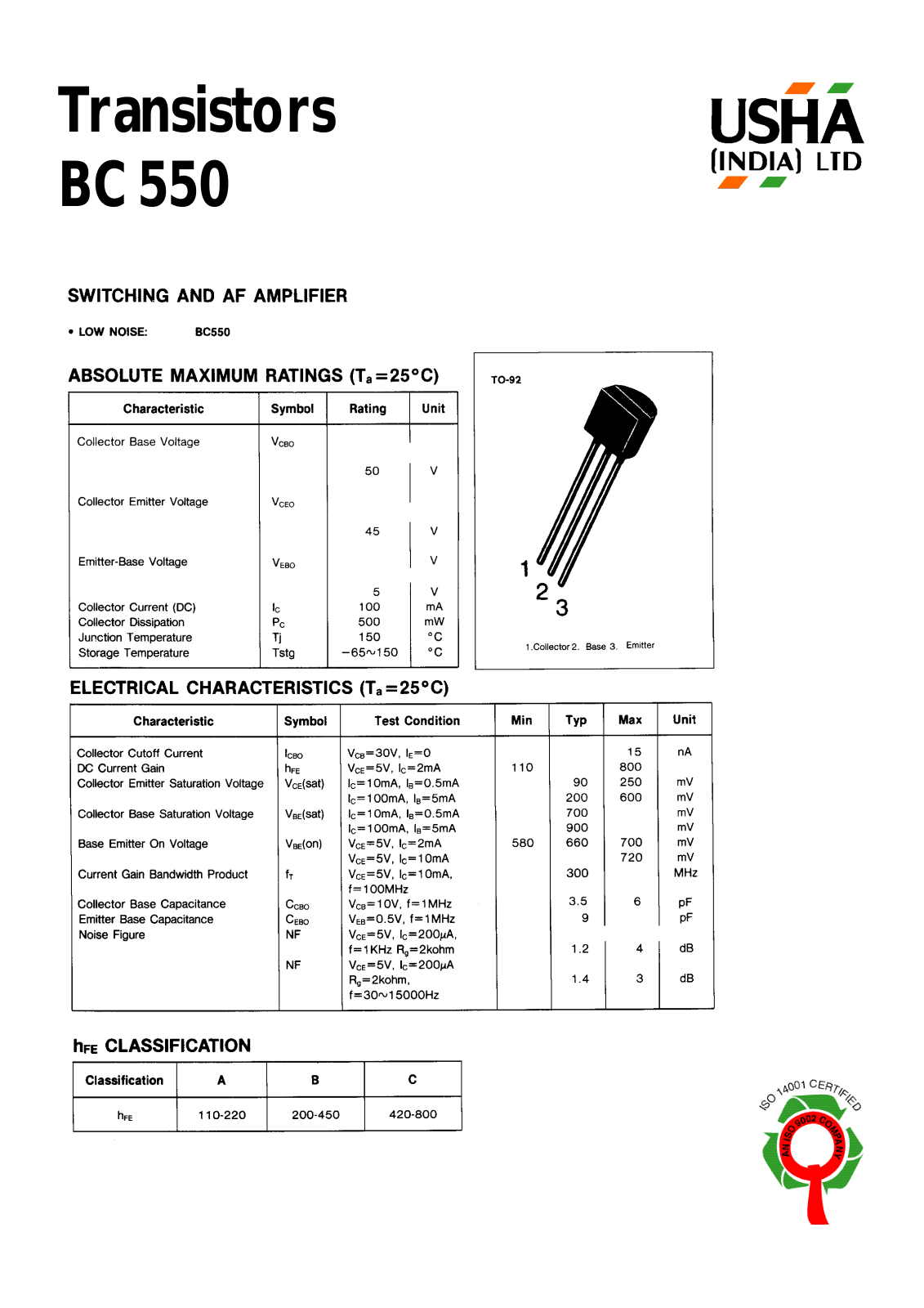 USHA BC550 Datasheet