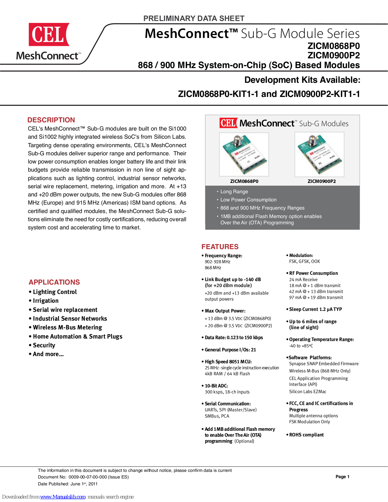 CEL ZICM0900P2-1C, ZICM0868P0-1CU, ZICM0868P0-1C, ZICM0868P0-1CS, ZICM0900P2-1CS Preliminary Data Sheet