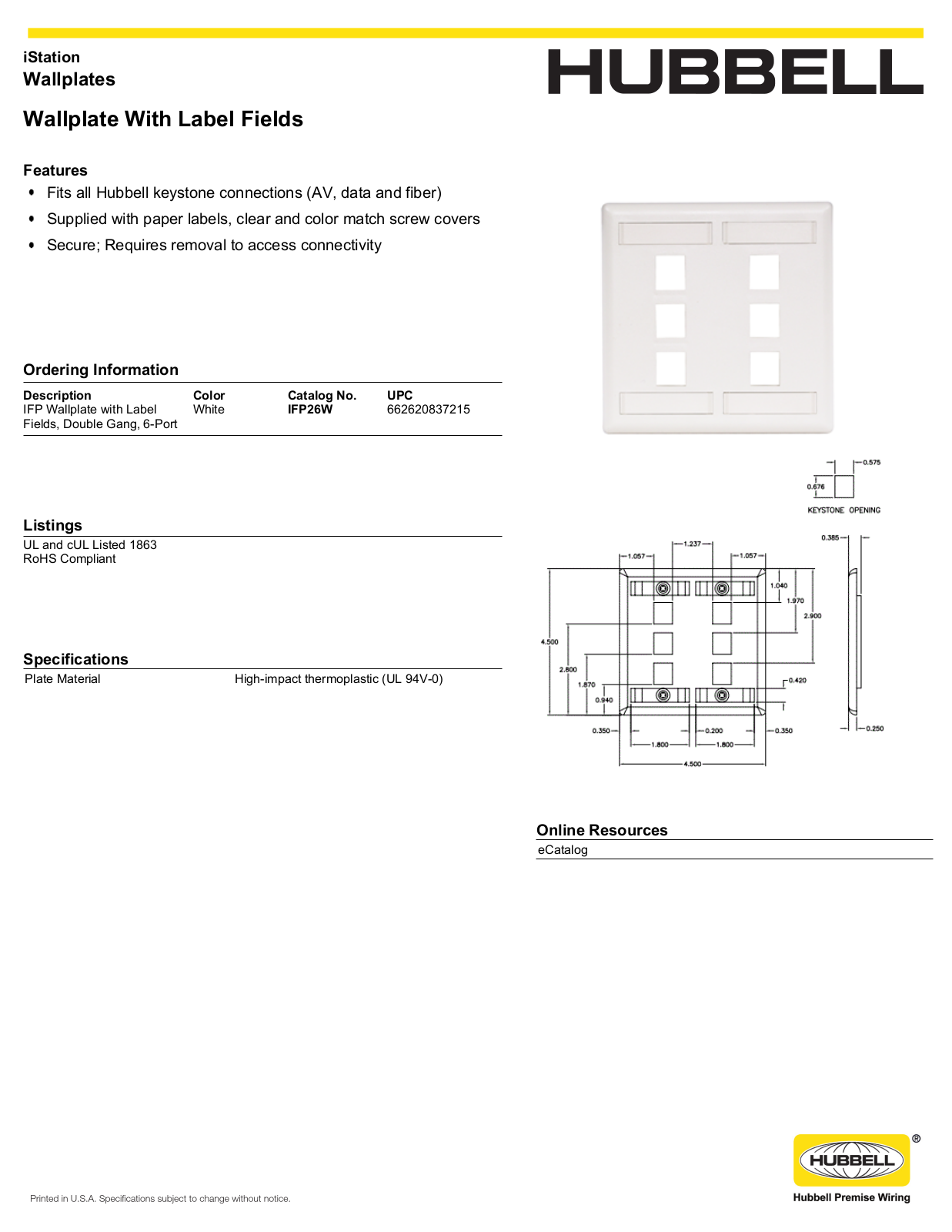 Hubbell IFP26W Specifications