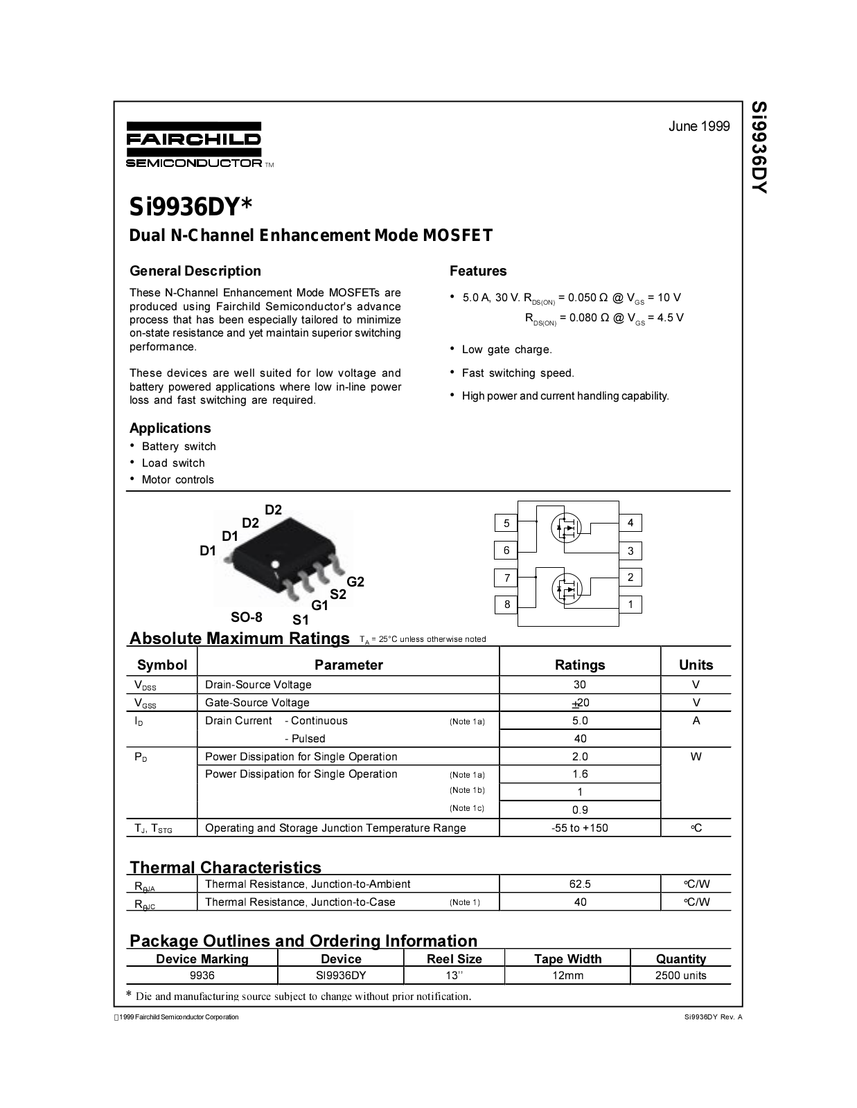 Fairchild Semiconductor SI9936DY Datasheet