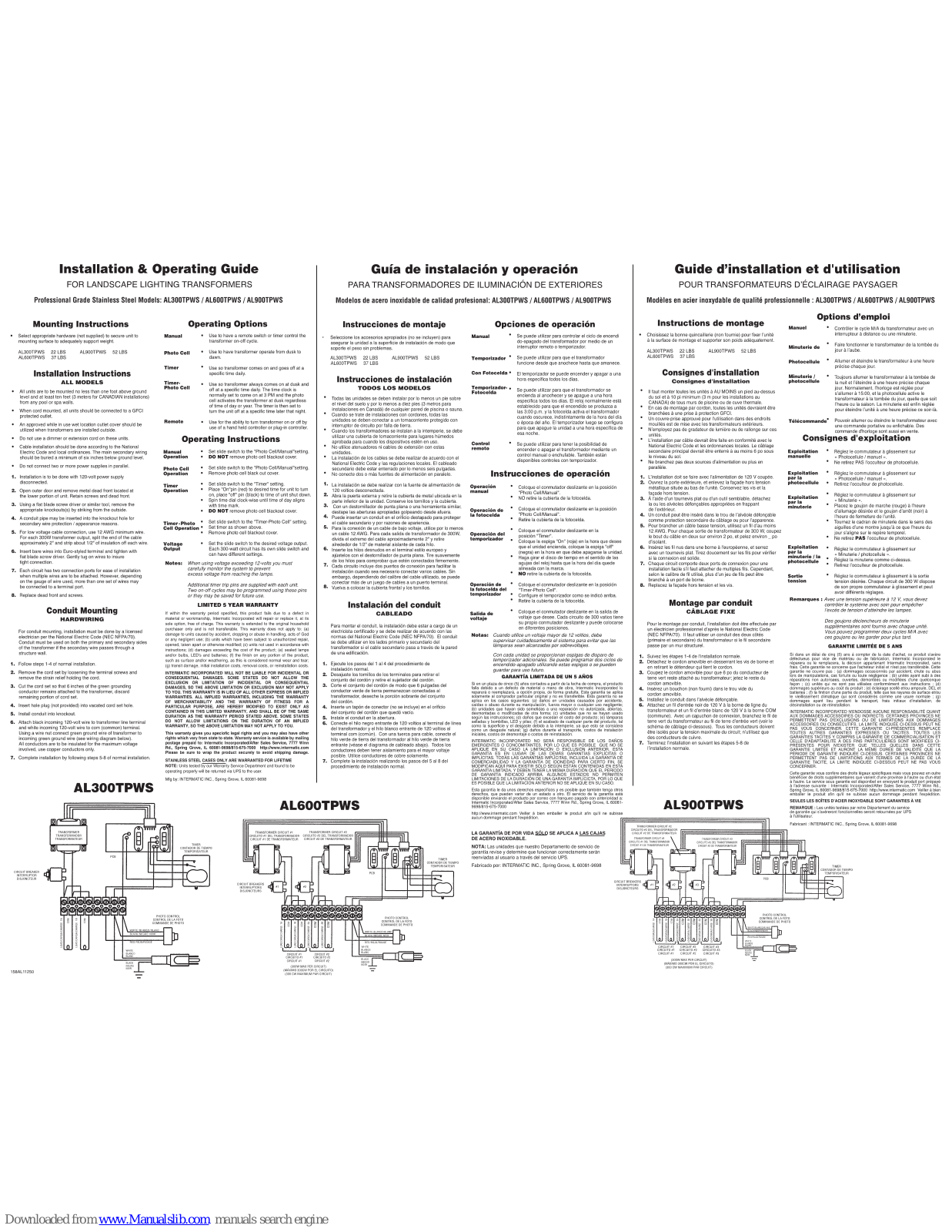 Intermatic AL300, AL600, AL900, AL300TPWS, AL600TPWS Installation & Operating Manual