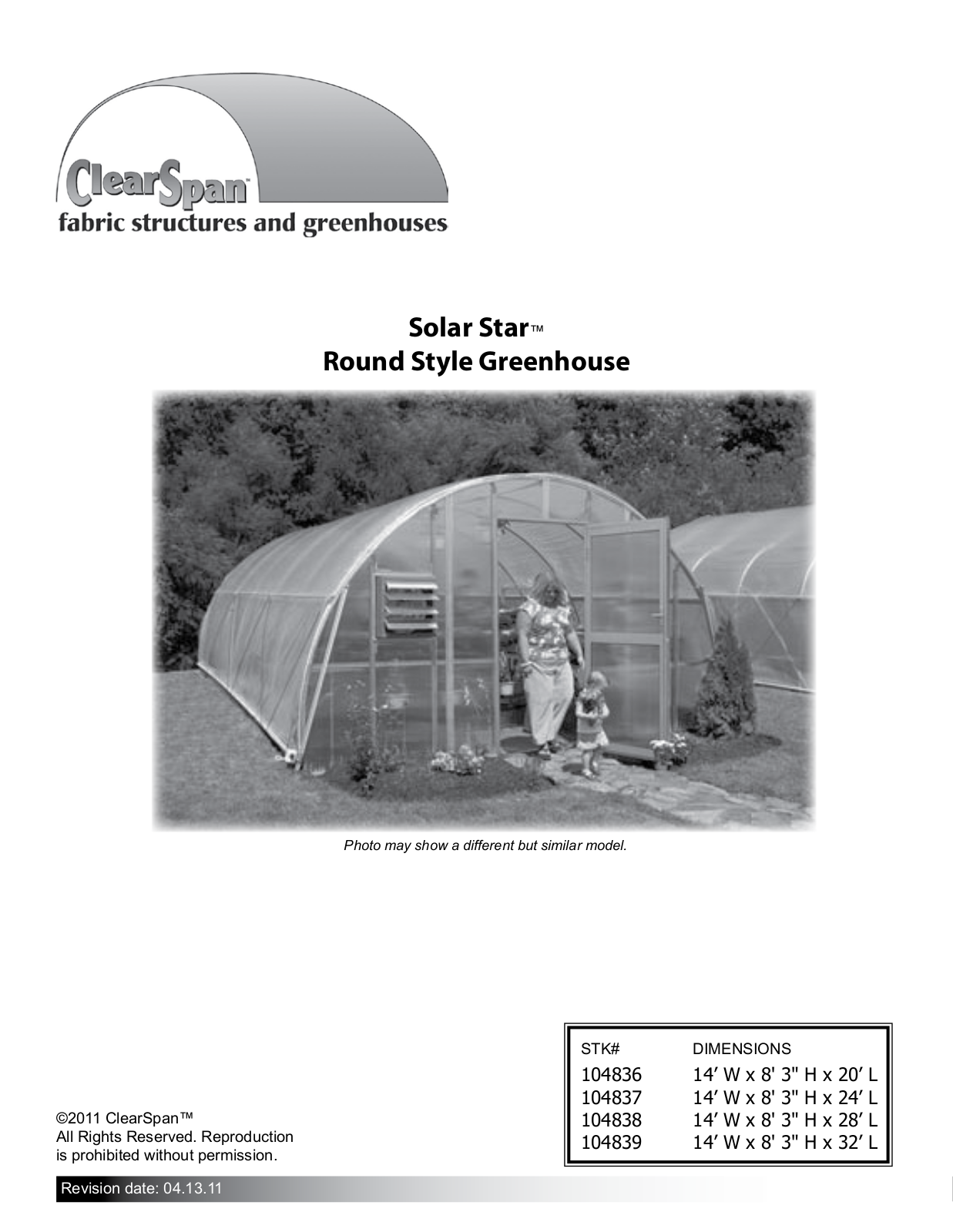 ClearSpan Solar Star Series, Solar Star 104836, Solar Star 104837, Solar Star 104838, Solar Star 104839 Instructions Manual