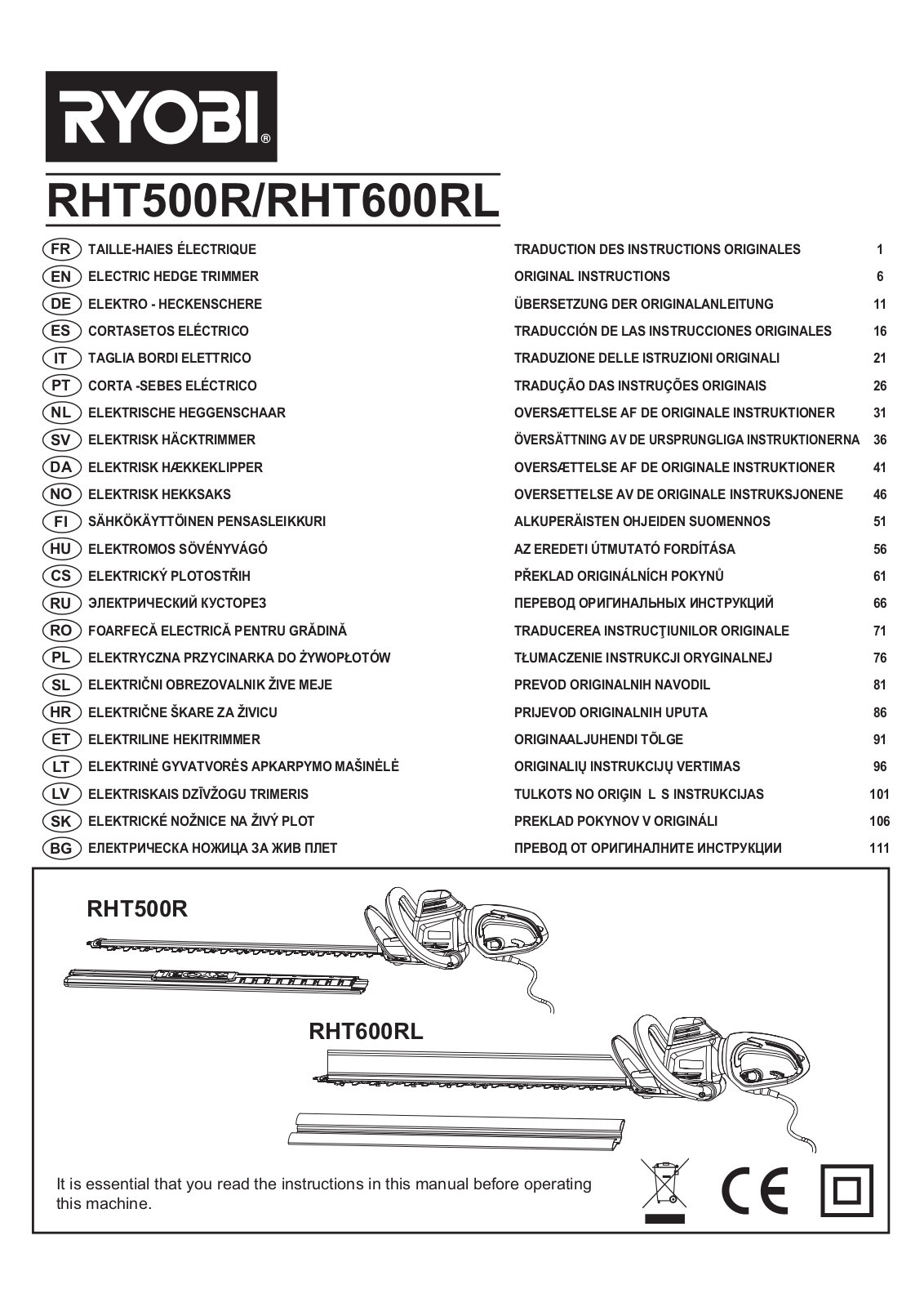 Ryobi RTH500R, RTH600RL User manual