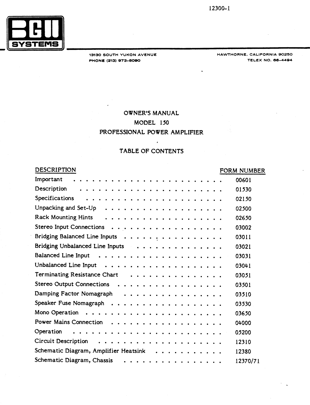 BGW 150 Owners manual