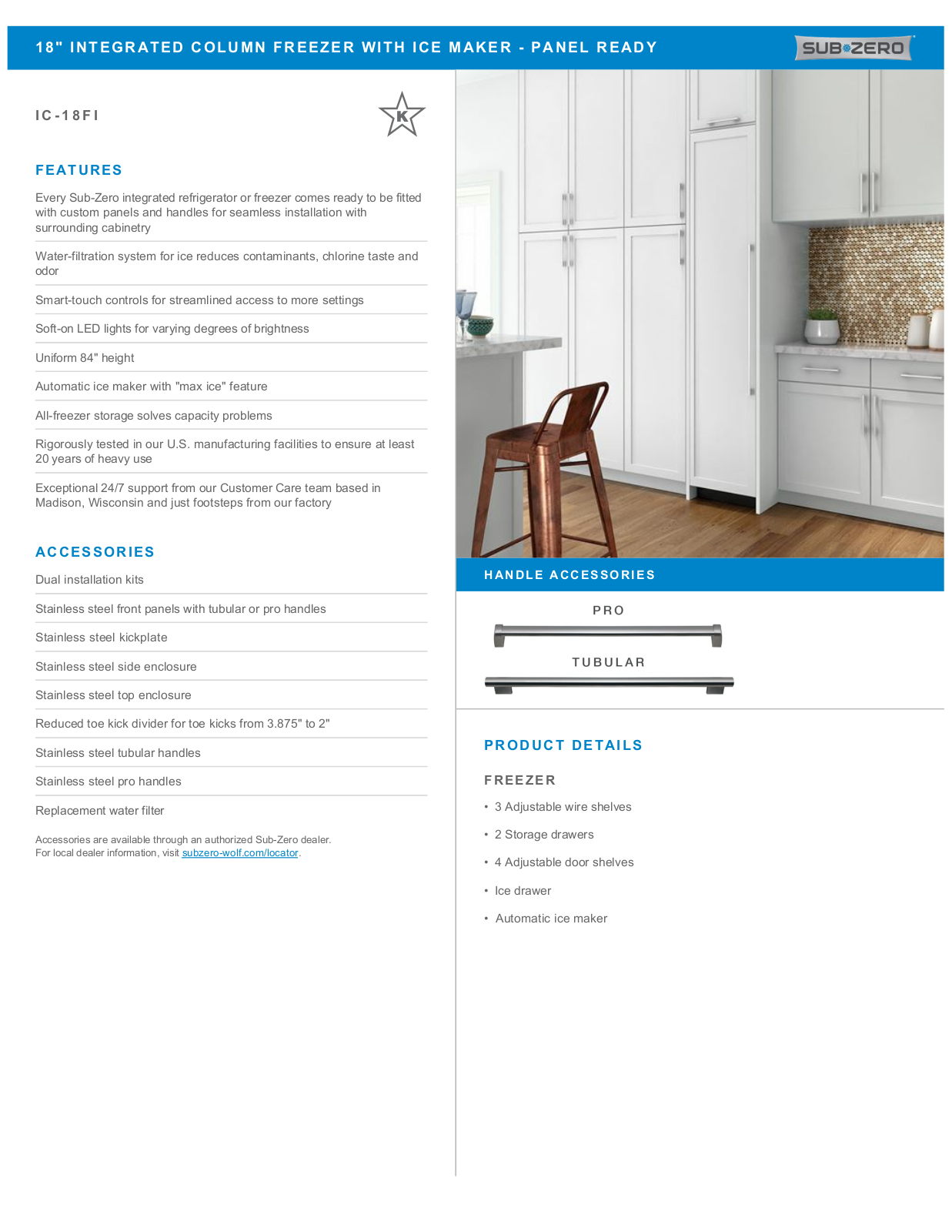 Sub-Zero IC18FILH, IC18FIRH Specification Sheet