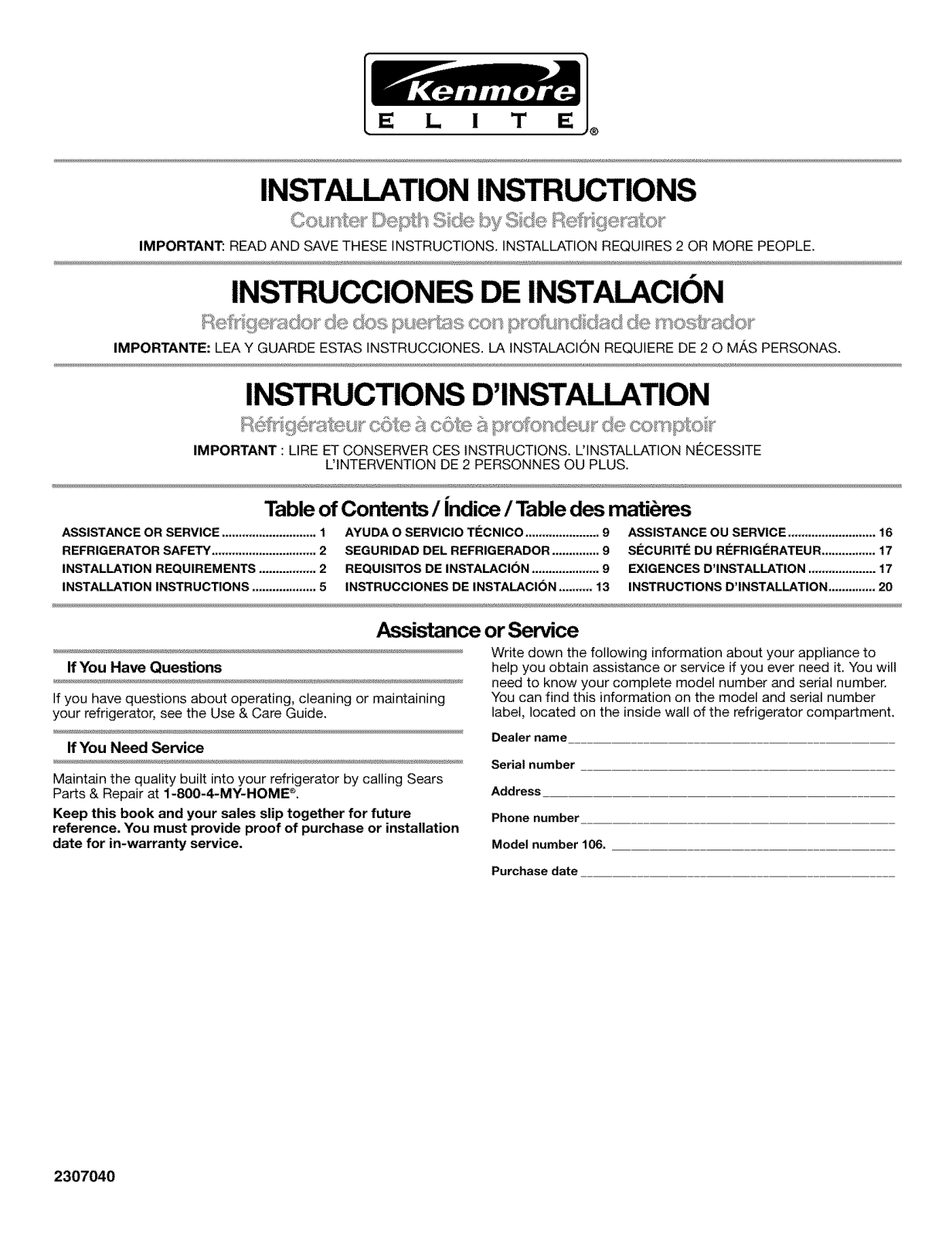 Kenmore Elite 10646039801, 10644434602, 10644434603, 10644439600, 10644432603 Installation Guide - ManualMachine.com