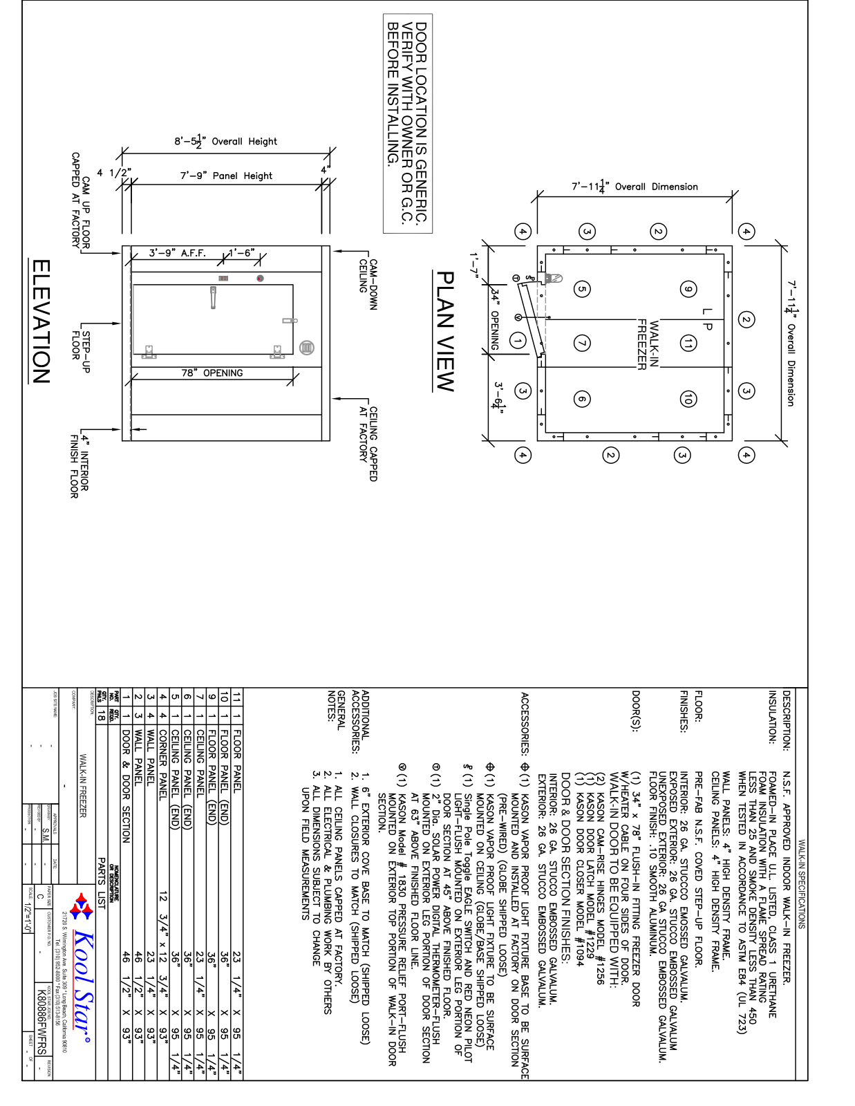 Kool Star 8X8 Freezer Parts Diagram