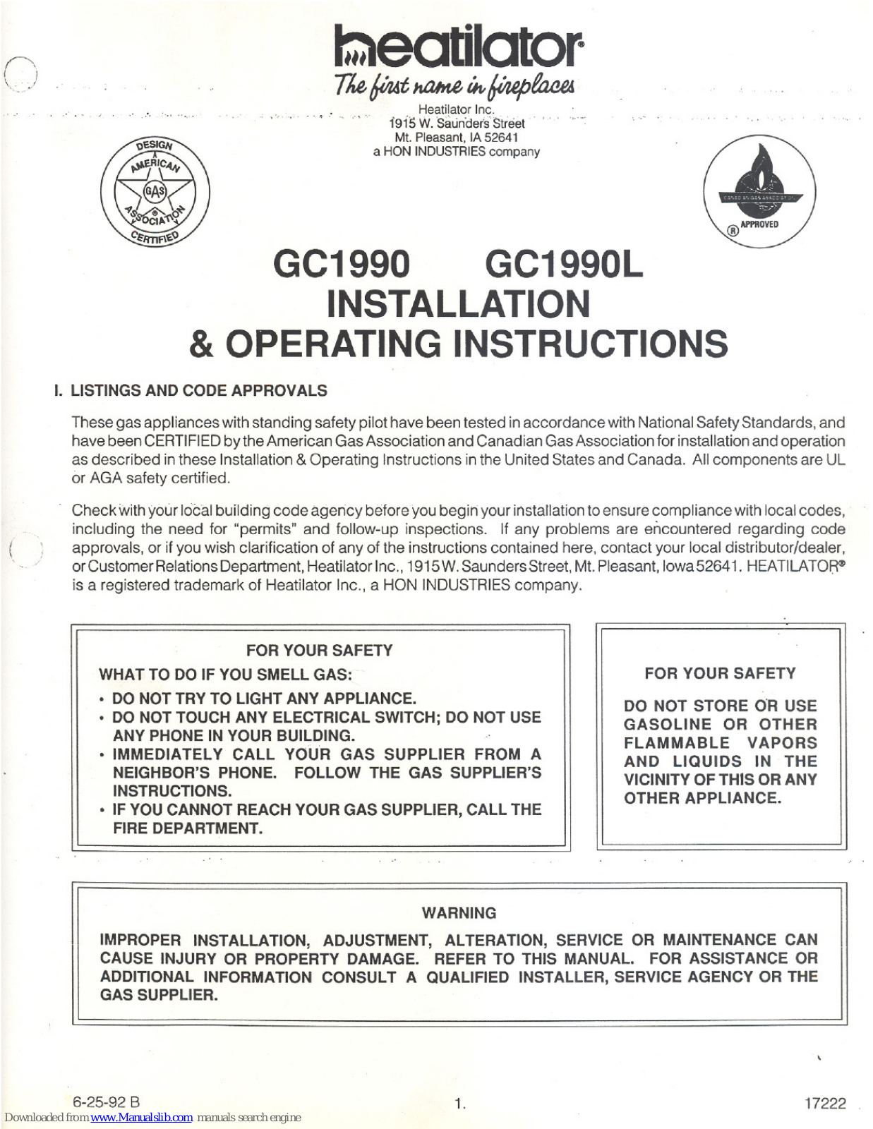 Heatilator GC1990, GC1990L Installation & Operation Instructions