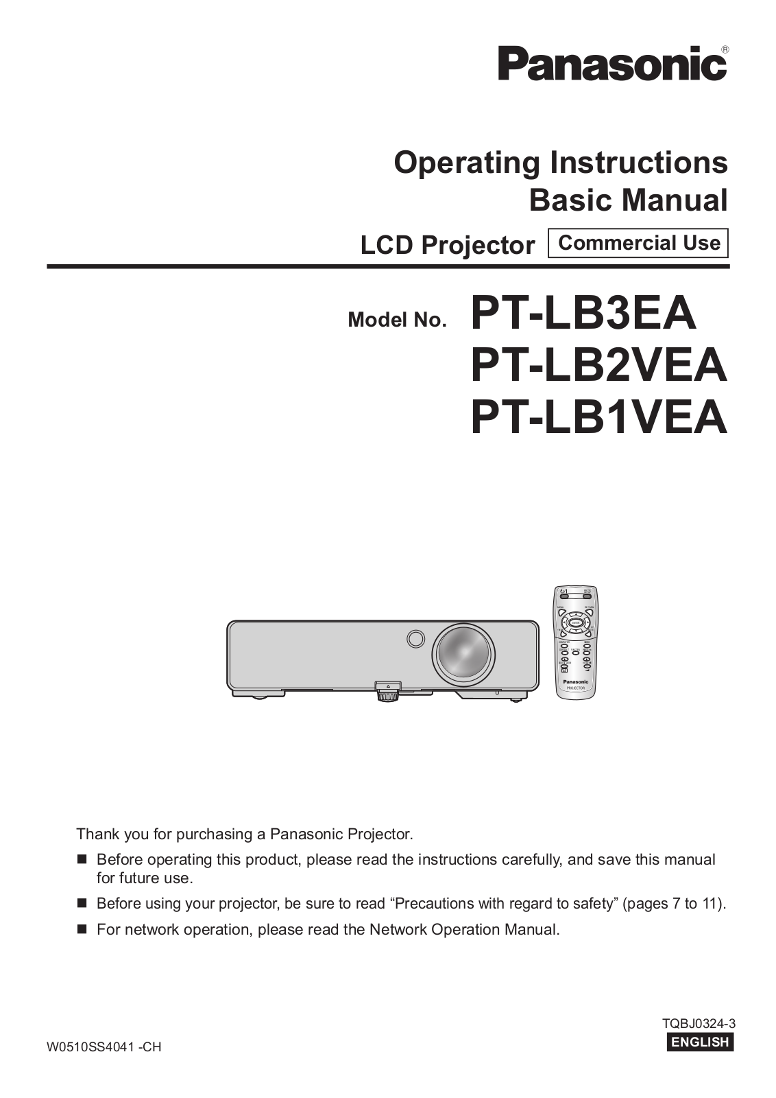 Panasonic PT-LB1VEA, PT-LB2VEA, PT-LB3EA Operating Instruction