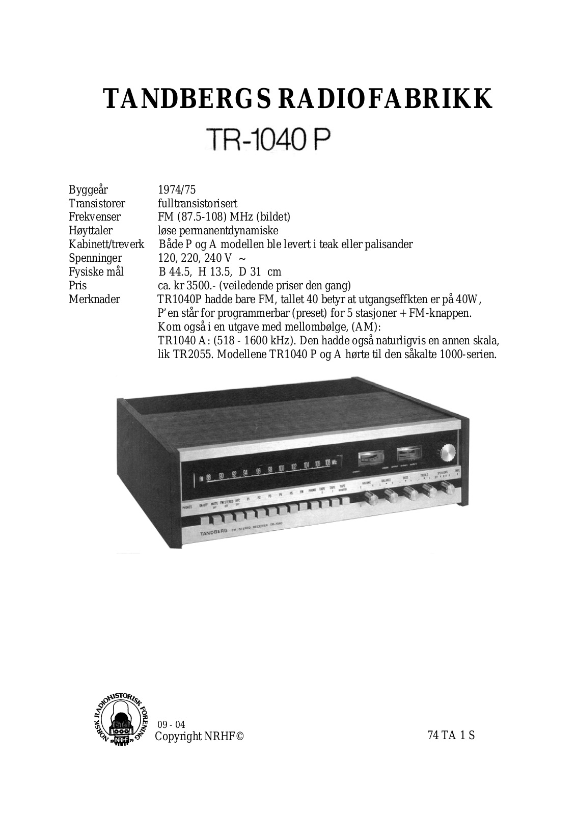 TANDBERG TR-1040P Schematic