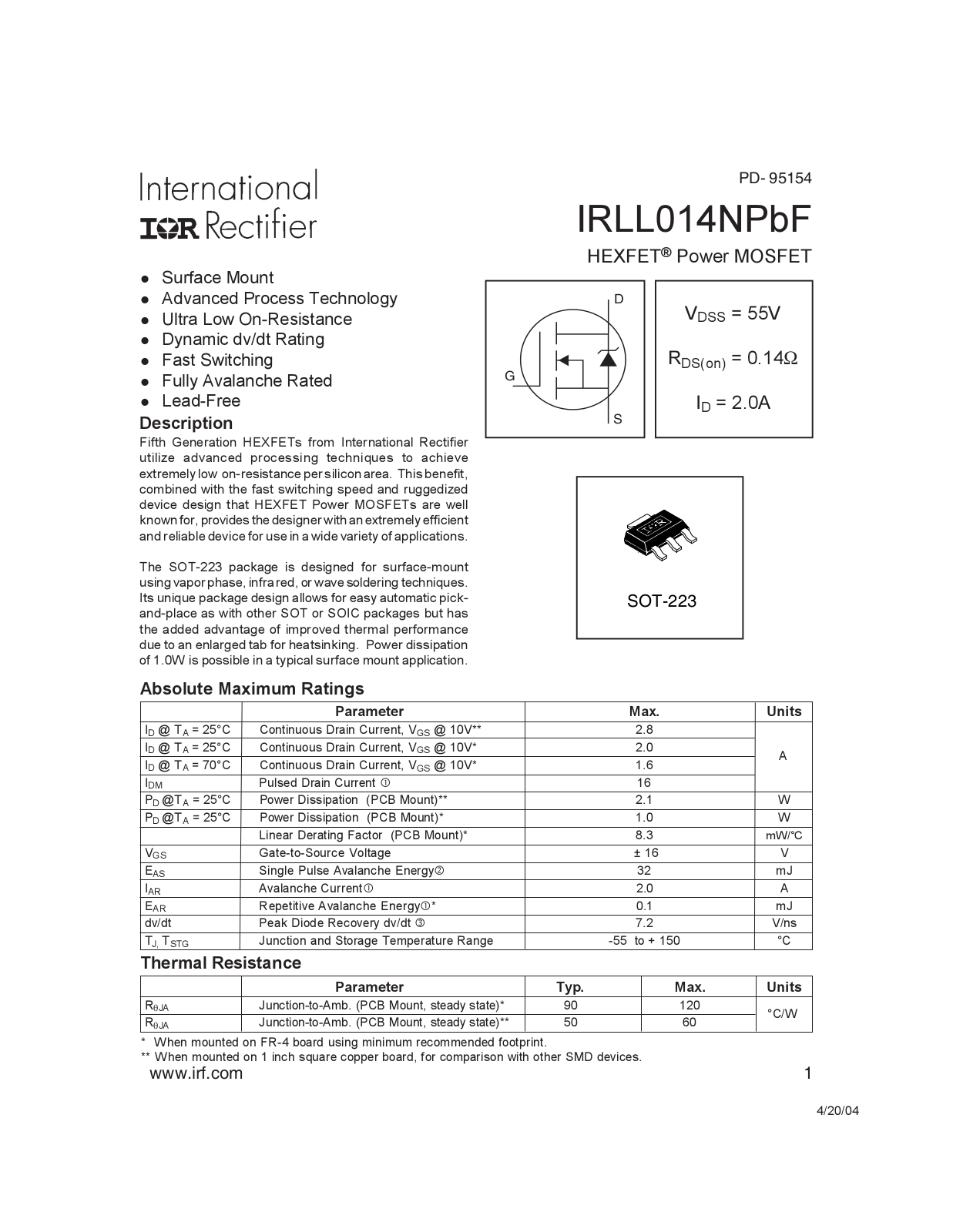 Datasheet IRLL 014N Datasheet - ManualMachine.com