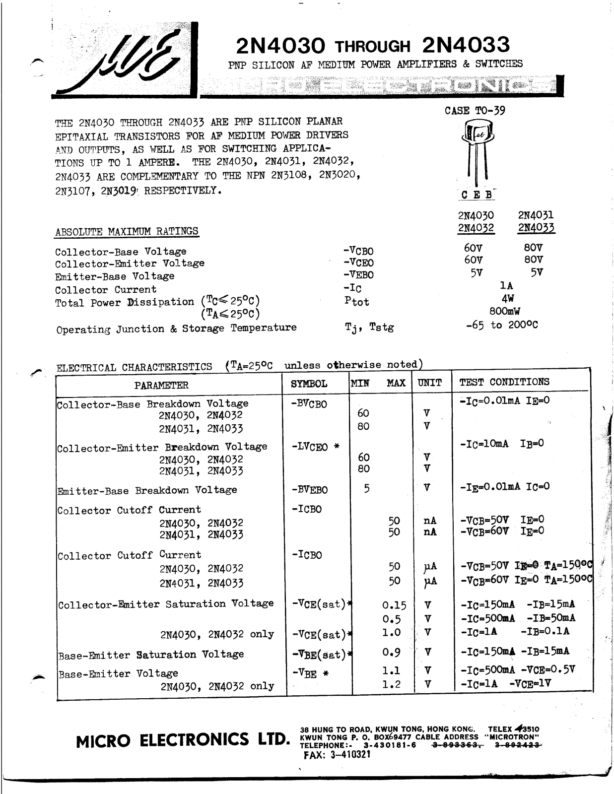 ME 2N4033, 2N4032, 2N4031, 2N4030 Datasheet