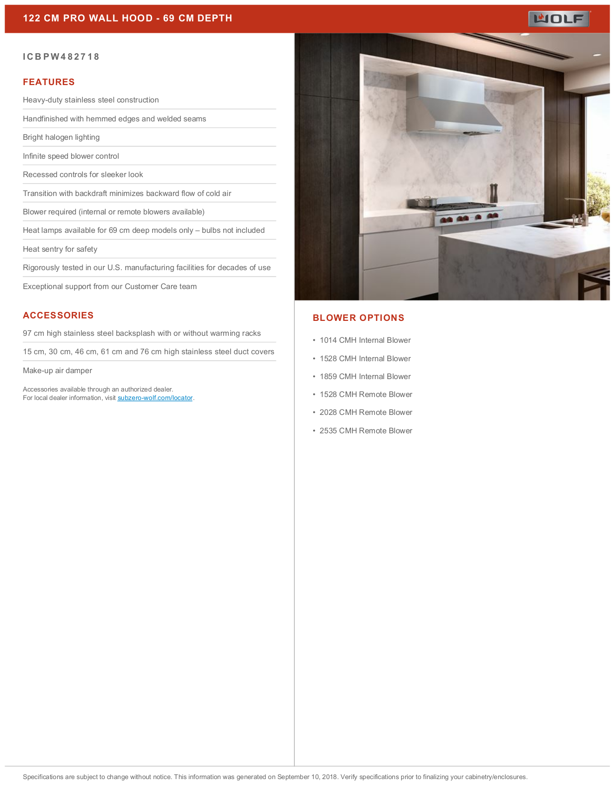 WOLF ICBPW482718 Specifications Sheet