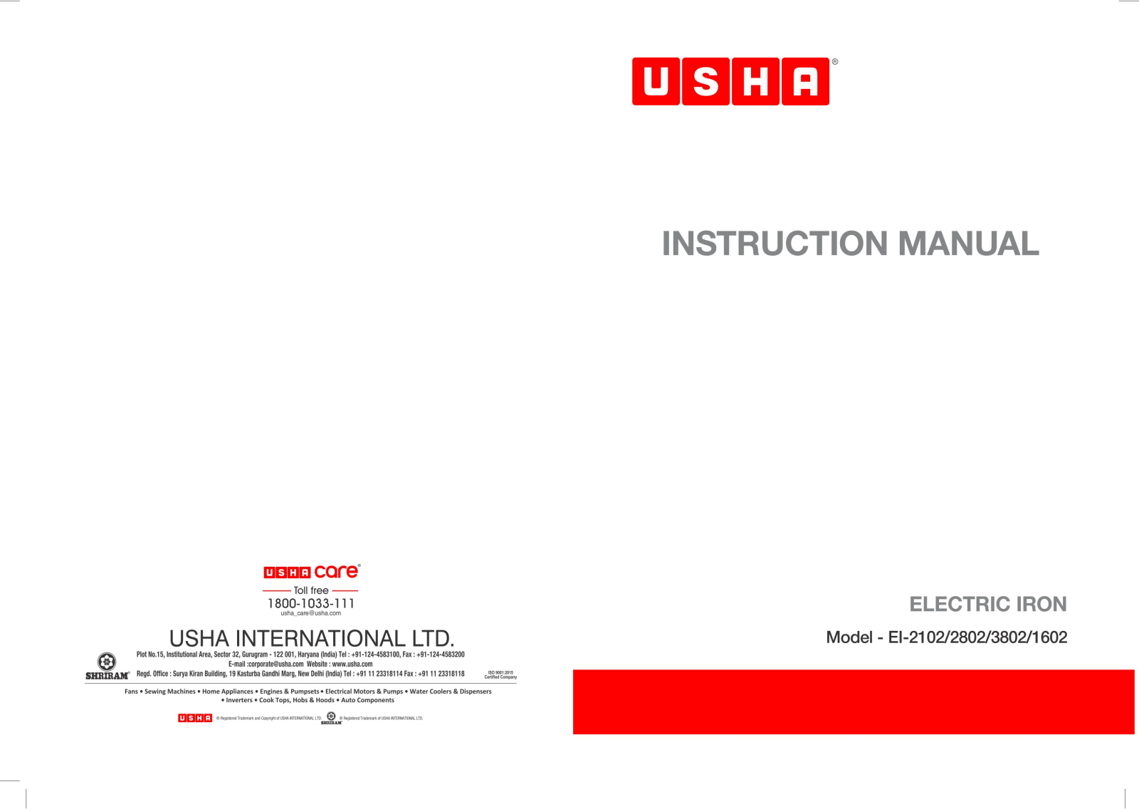 USHA EI-2102, EI-2802, EI-3802, EI-1602 Instruction Manual