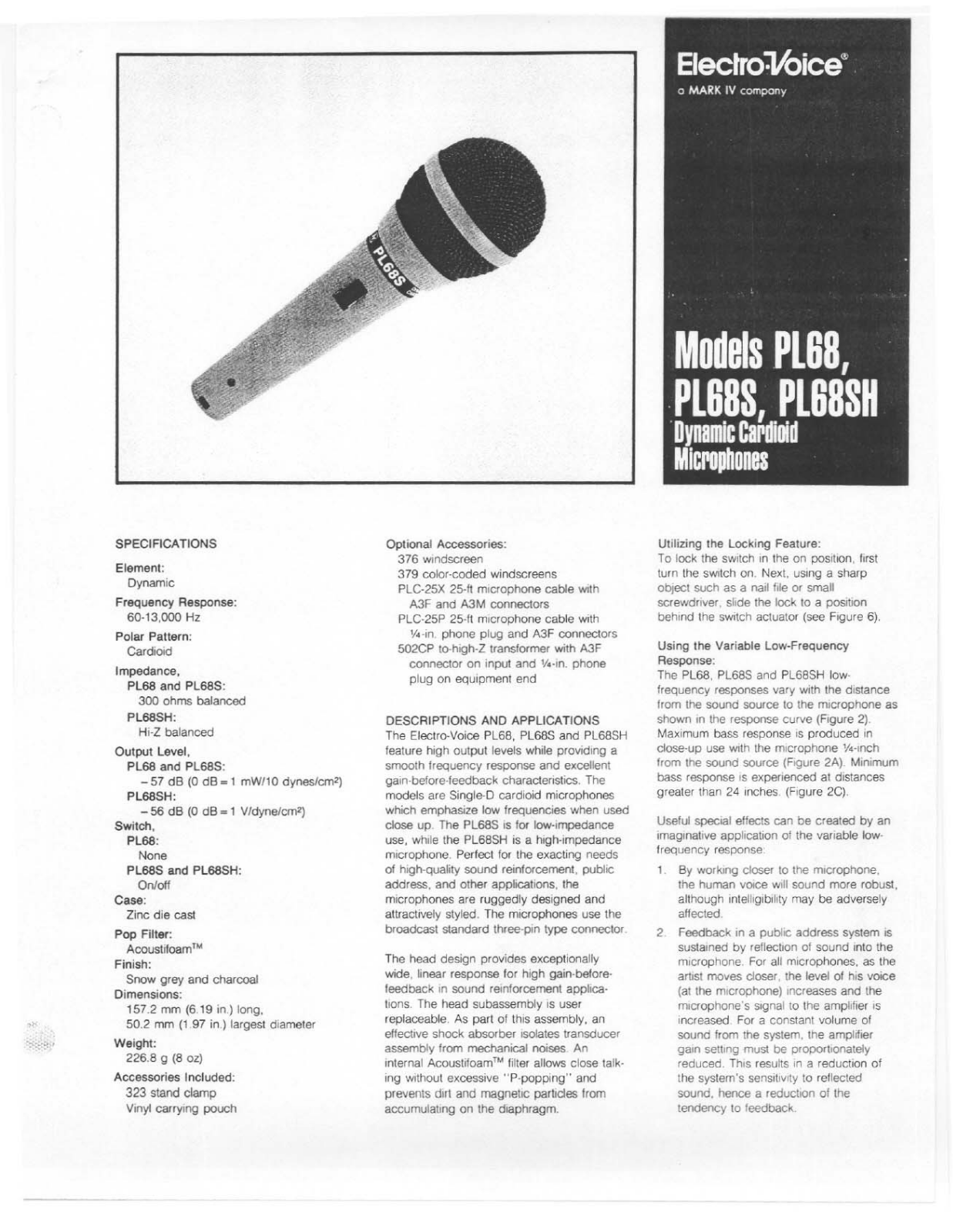 Electro-Voice PL68S, PL68SH, PL68 User Manual