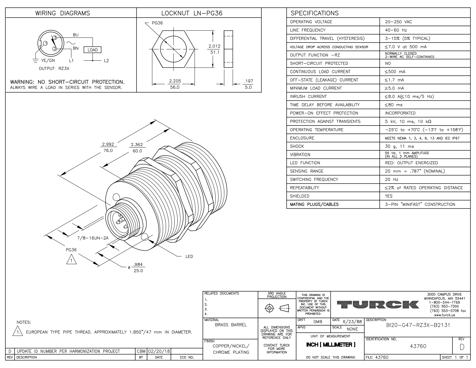 Turck BI20-G47-RZ3X-B2131 Data Sheet