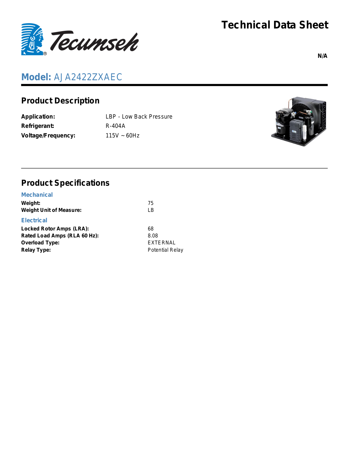 Tecumseh AJA2422ZXAEC Technical Data Sheet