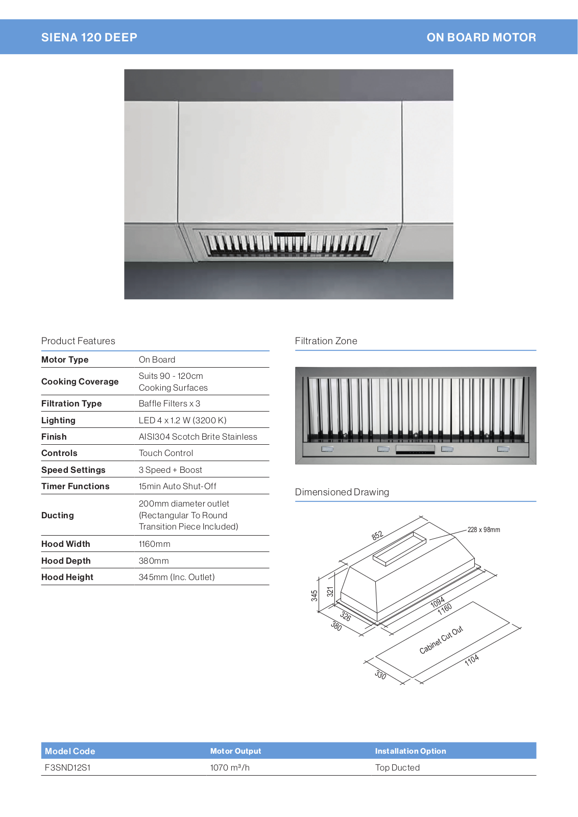 Falmec F3SND12S1 Specifications Sheet