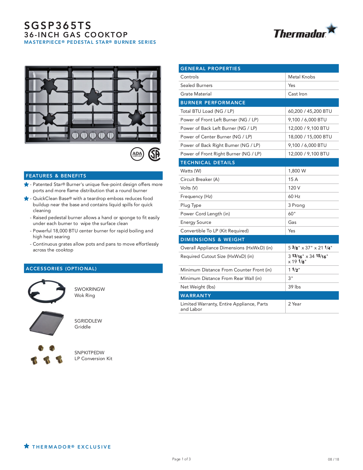 Thermador SGSP365TS Specifications