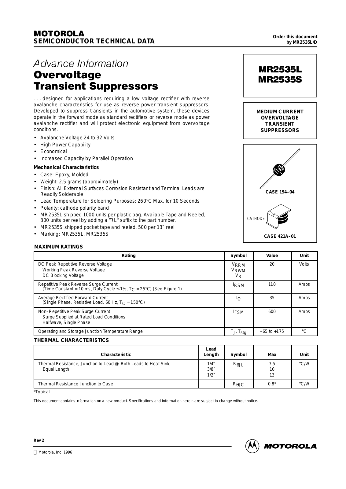 Motorola MR2525S, MR2525L Datasheet