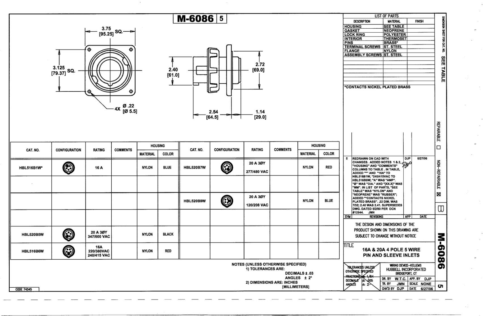 Hubbell HBL516B6W Reference Drawing