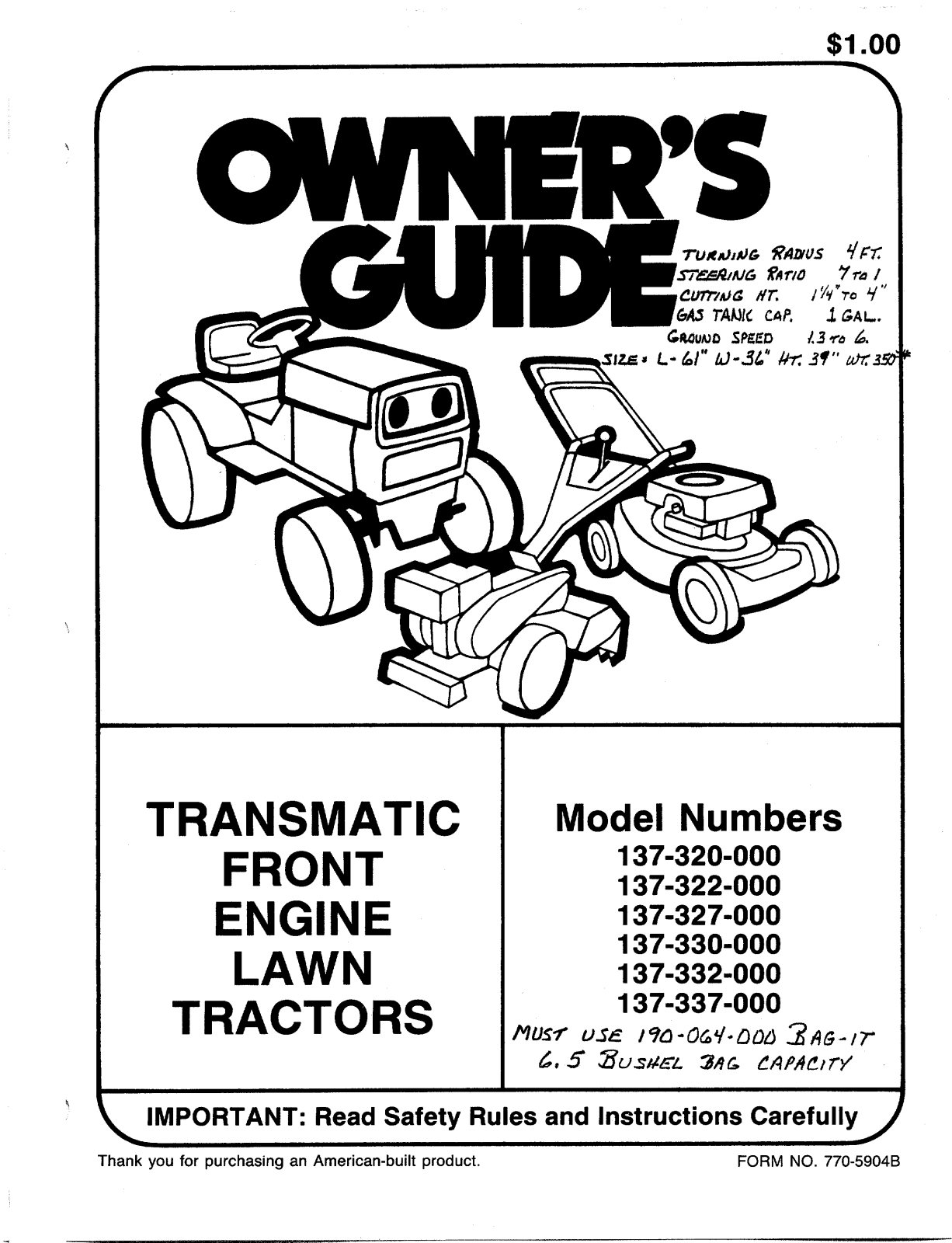 Mtd 137-320-000, 137-322-000, 137-327-000, 137-330-000, 137-332-000 owners Manual