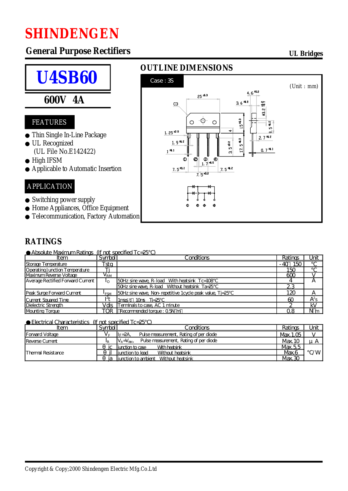 Shindengen Electric Manufacturing Company Ltd U4SB60 Datasheet