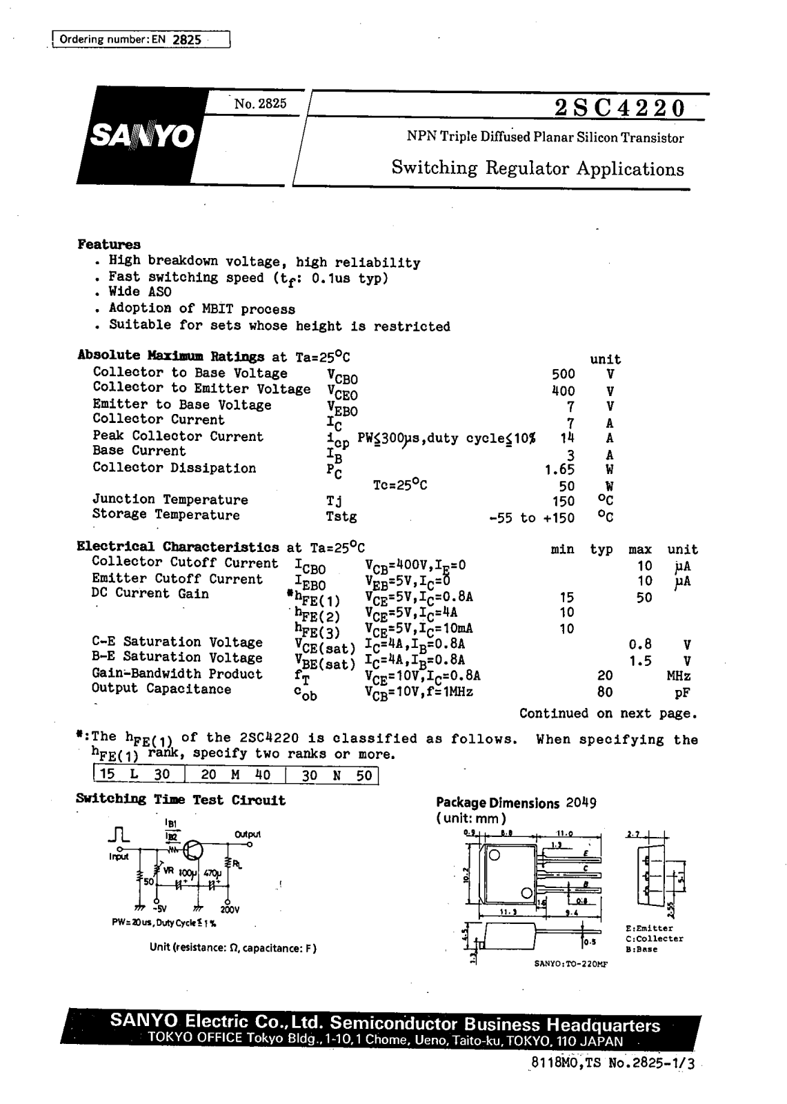 SANYO 2SC4220 Datasheet