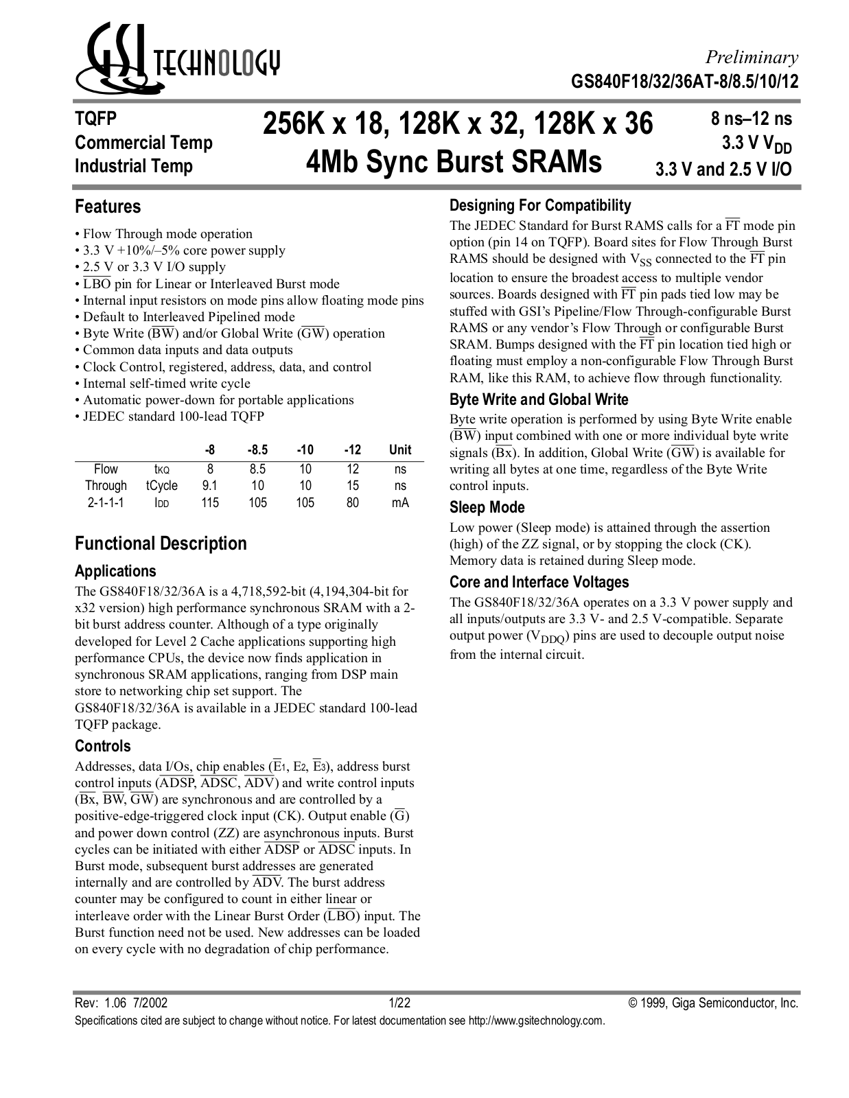 GSI GS840F36AT-8I, GS840F36AT-8.5I, GS840F36AT-8.5, GS840F36AT-8, GS840F36AT-12I Datasheet