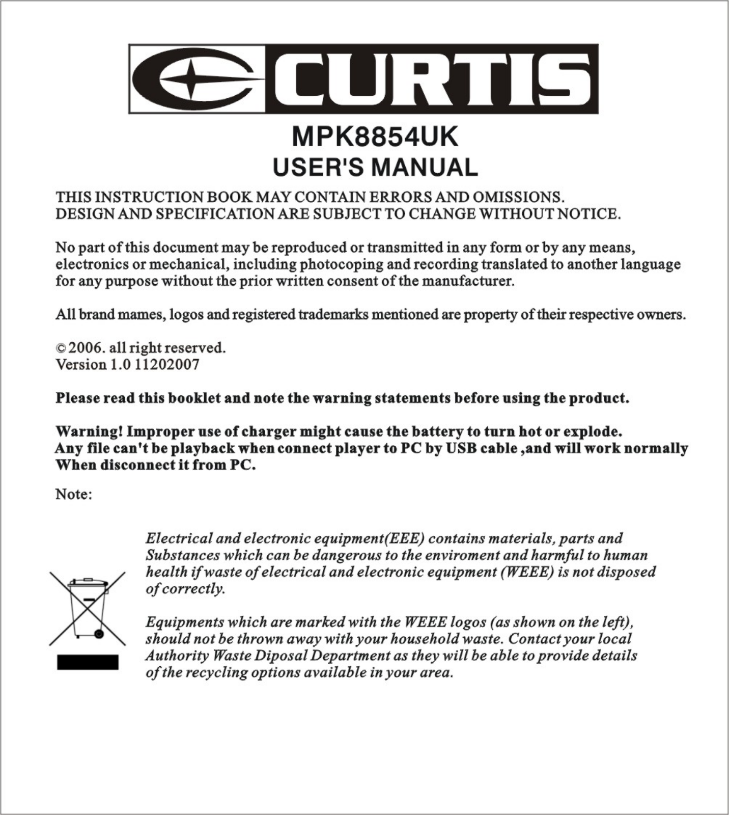 Curtis MPK 8854UK Instruction Manual