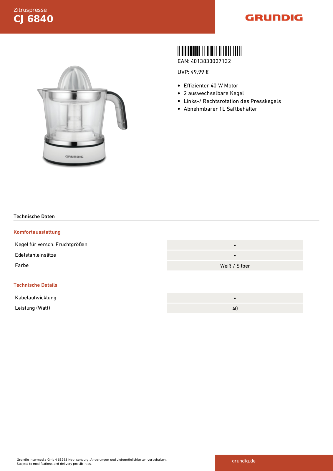 Grundig CJ 6840 Technical data