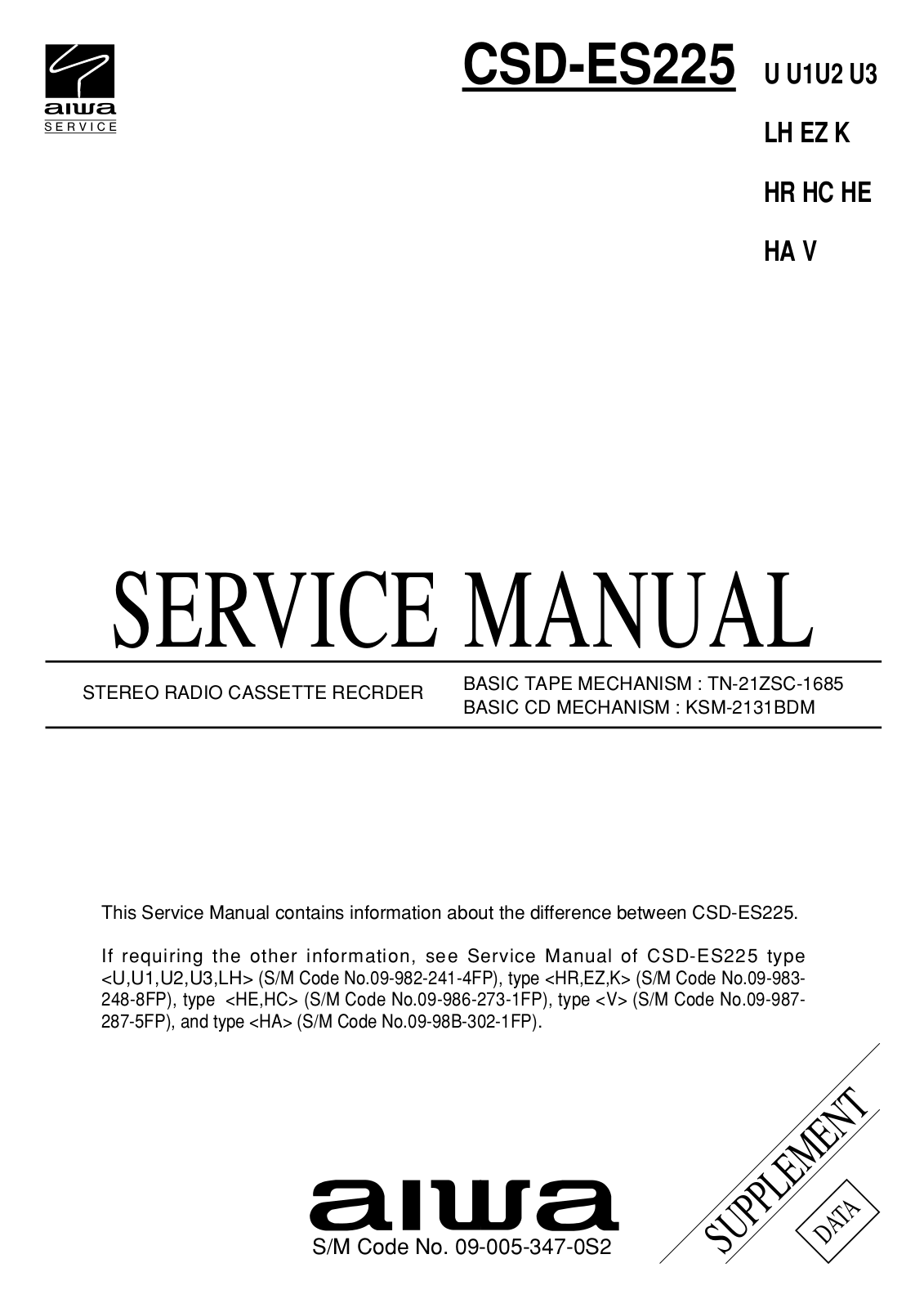 Aiwa CSD-ES225 HA, CSD-ES225 V, CSD-ES225 HE, CSD-ES225 HC, CSD-ES225 HR Service Manual