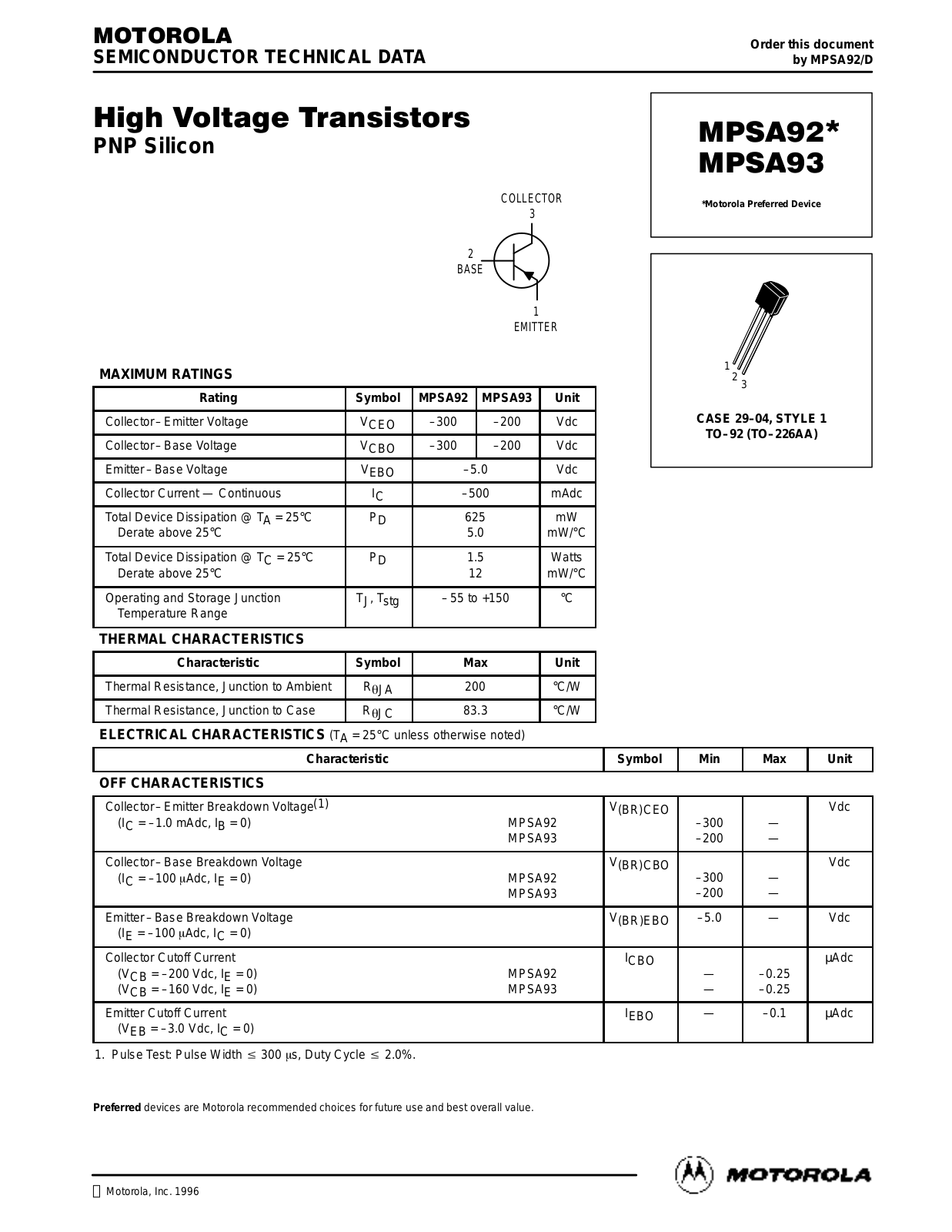 Motorola MPSA93 Datasheet