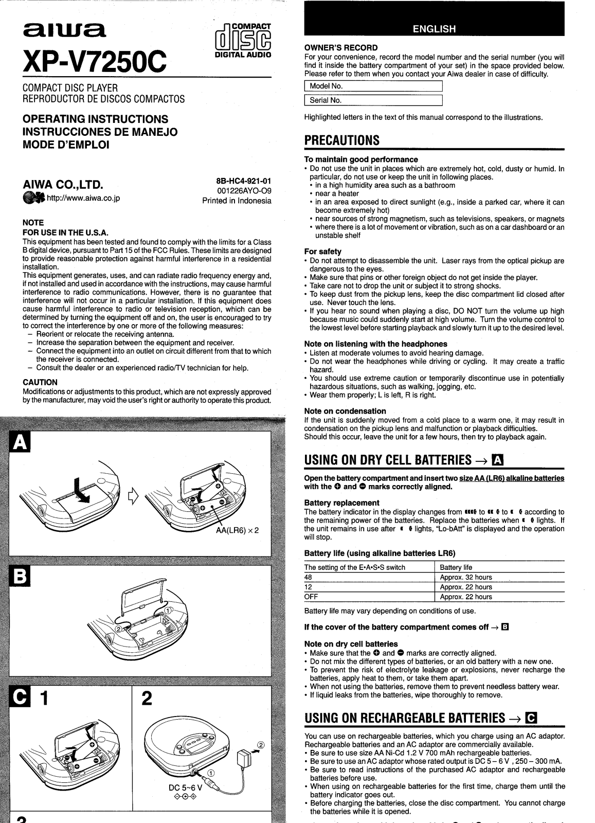 AIWA XP-V7250C Operating Instructions