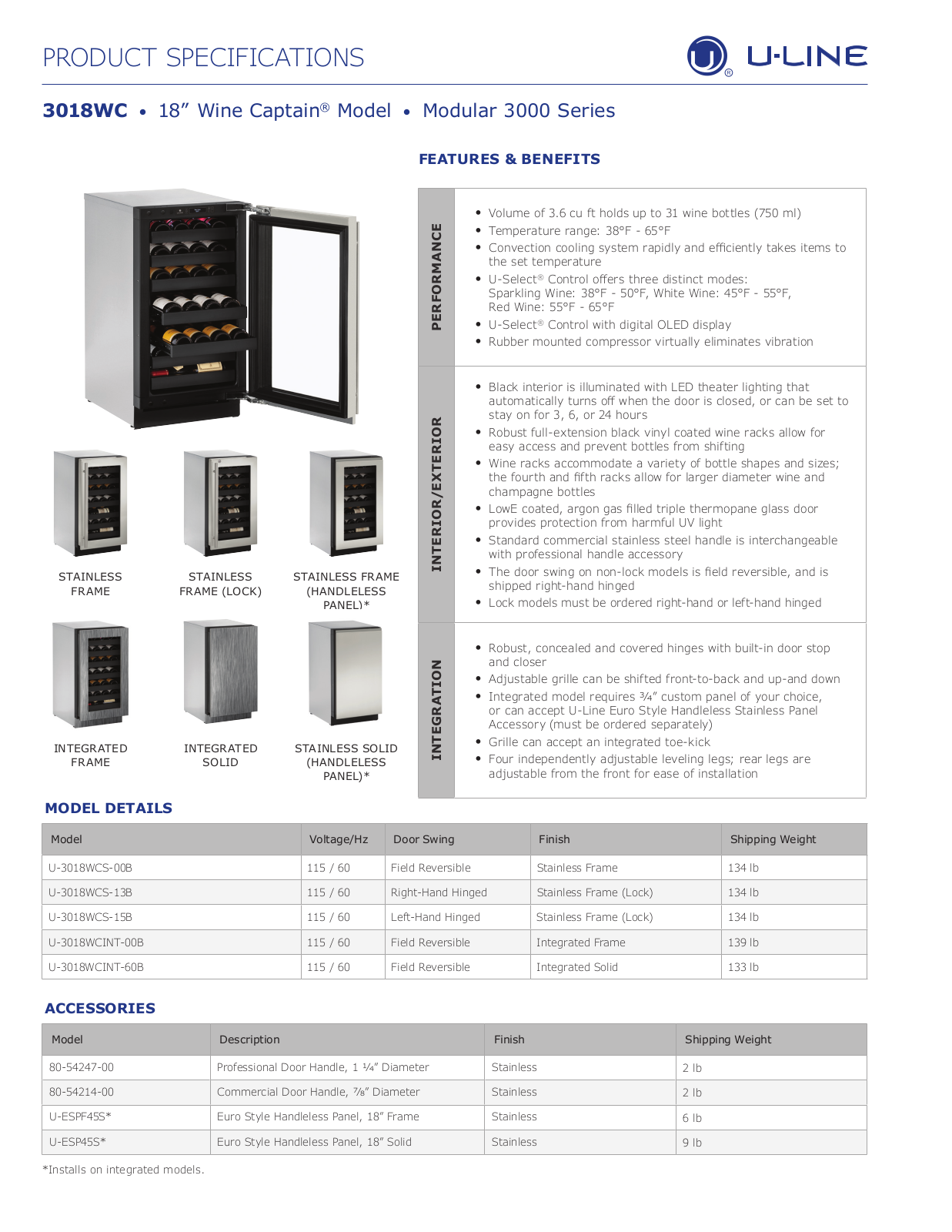 U-Line U3018WCINT00B, U3018WCS15B, U3018WCS00B, U3018WCINT60B, U3018WCS13B Specifications