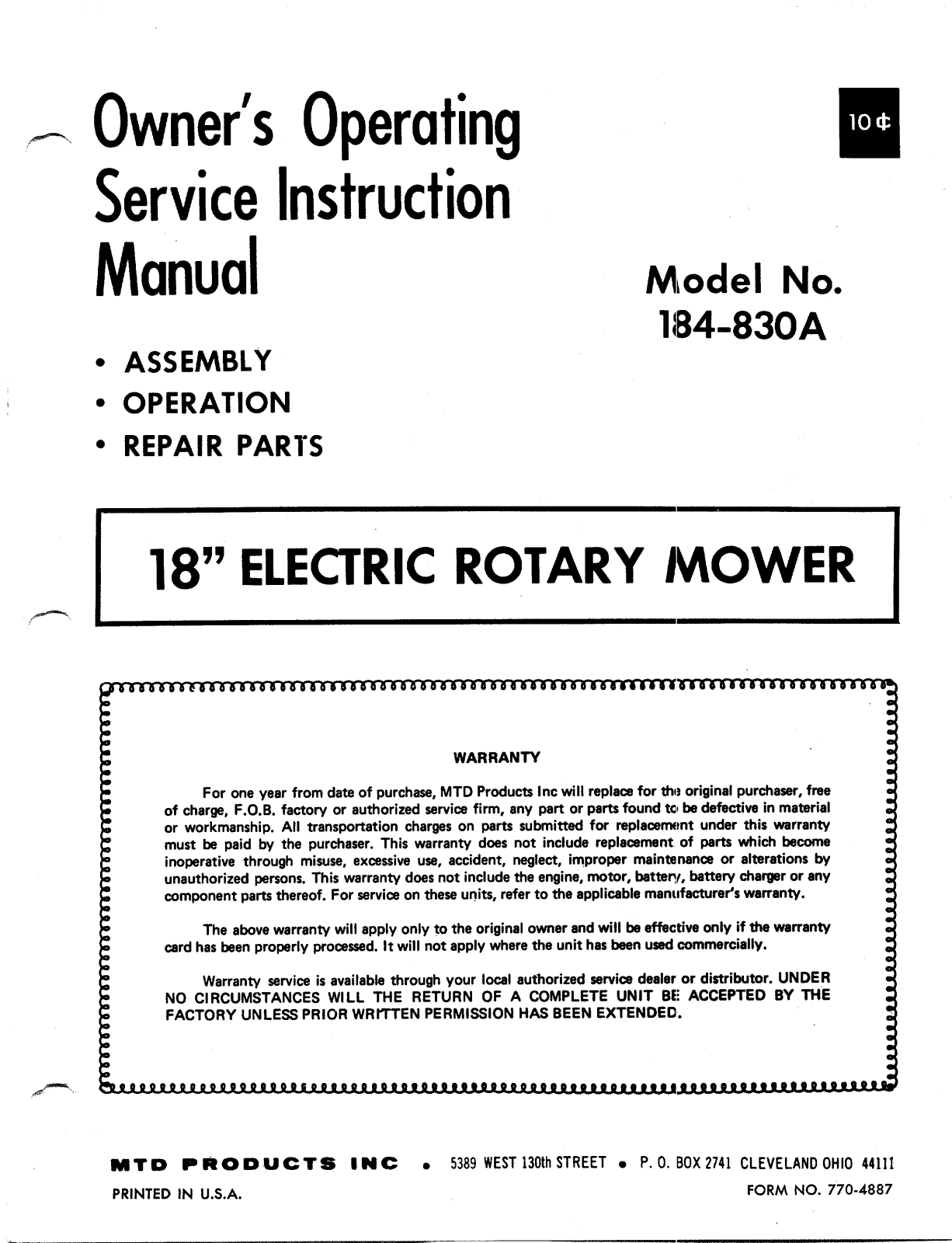 MTD 184-830A User Manual