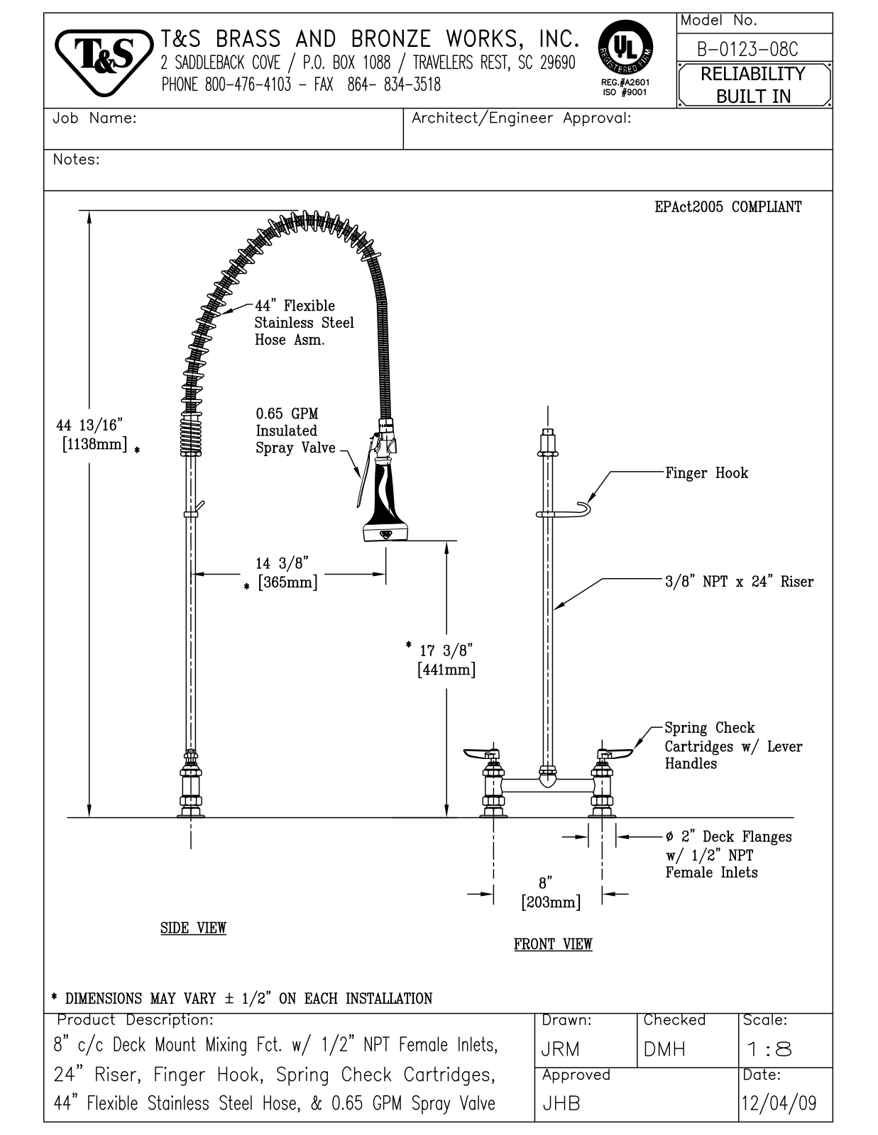 T&S Brass B-0123-08C User Manual