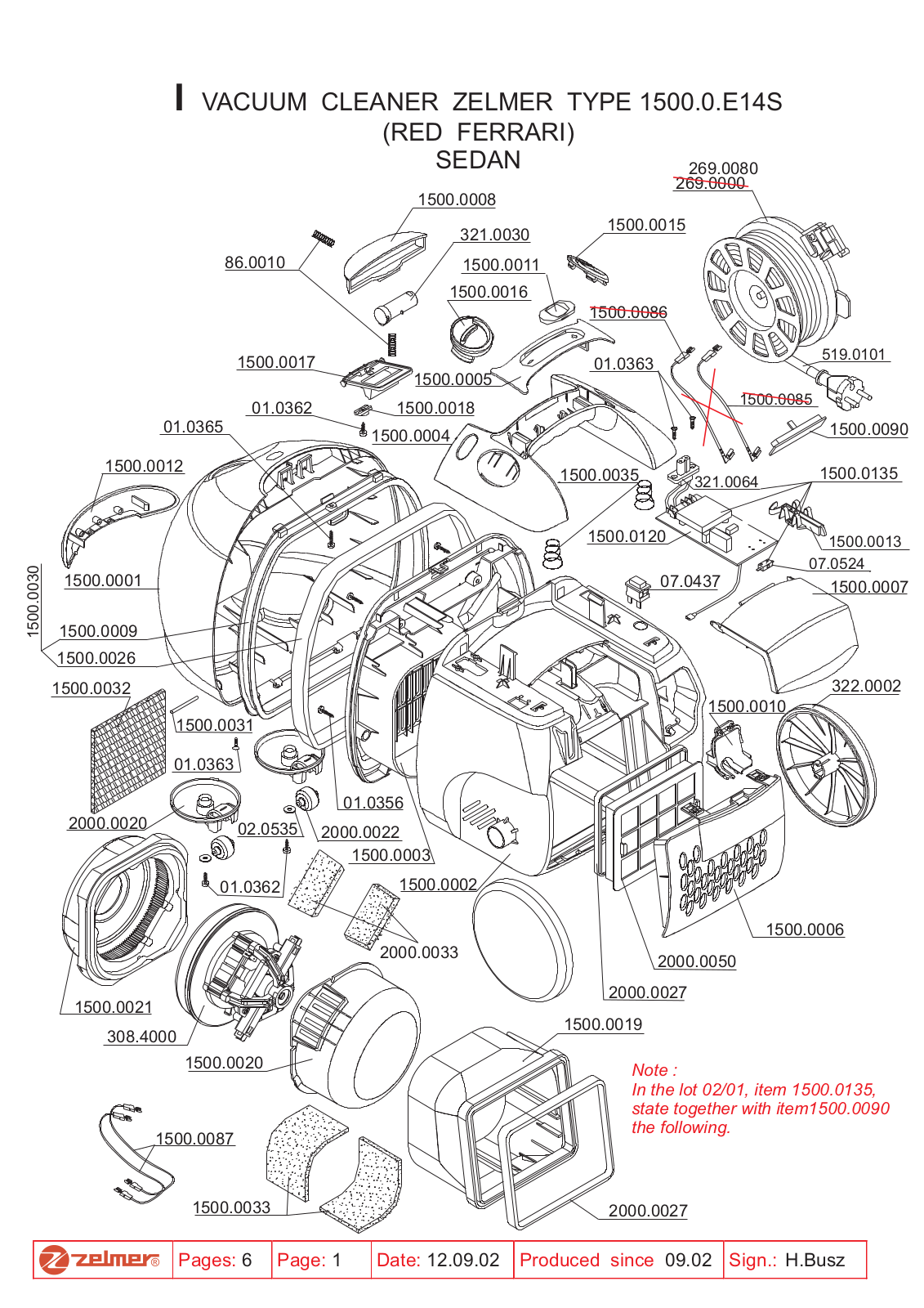 ZELMER 1500.0.E14S Spare Parts List