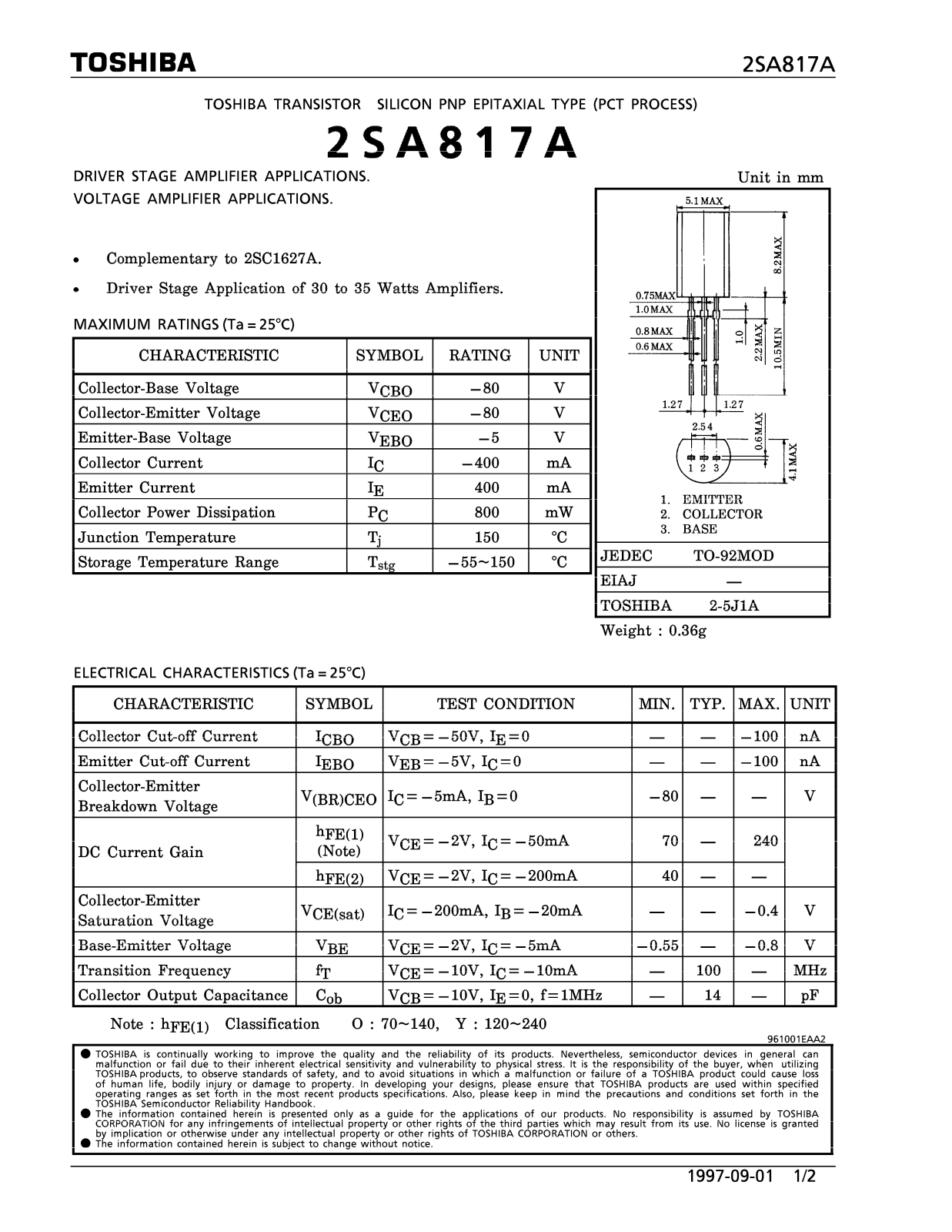 Toshiba 2SA817A Datasheet