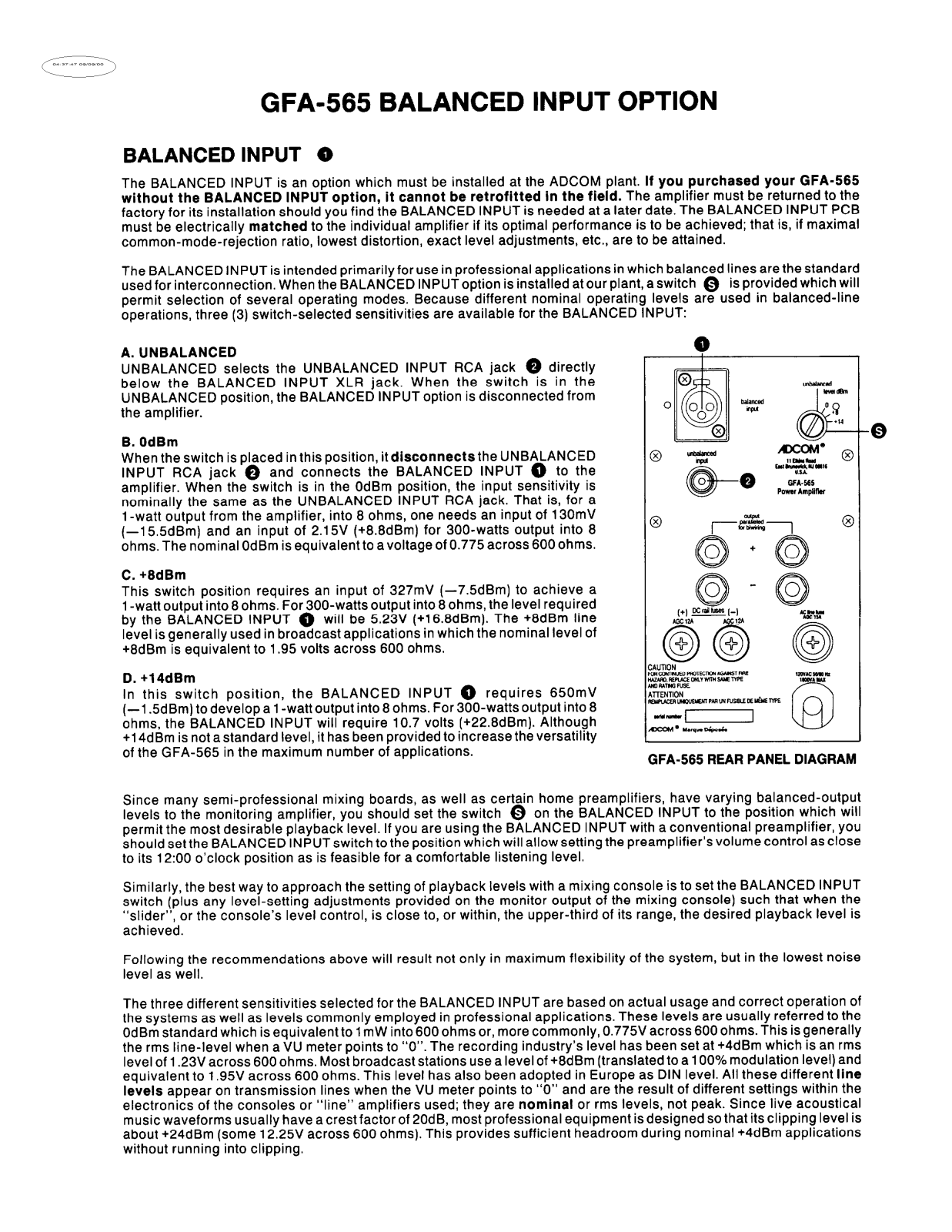 Adcom GFA-565 Owners manual