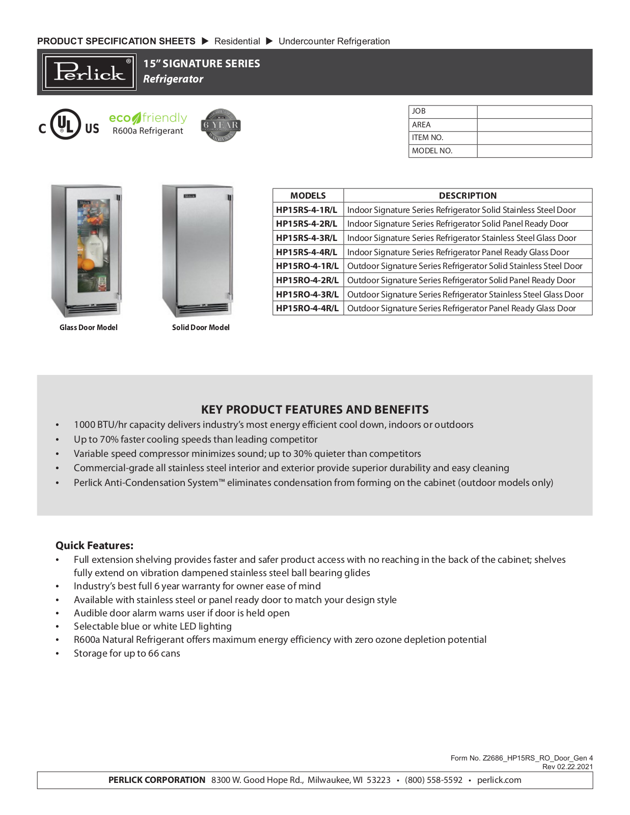 Perlick HP15RS-4-1R, HP15RS-4-2R, HP15RS-4-3R, HP15RS-4-4R, HP15RO-4-1R Specification Sheet