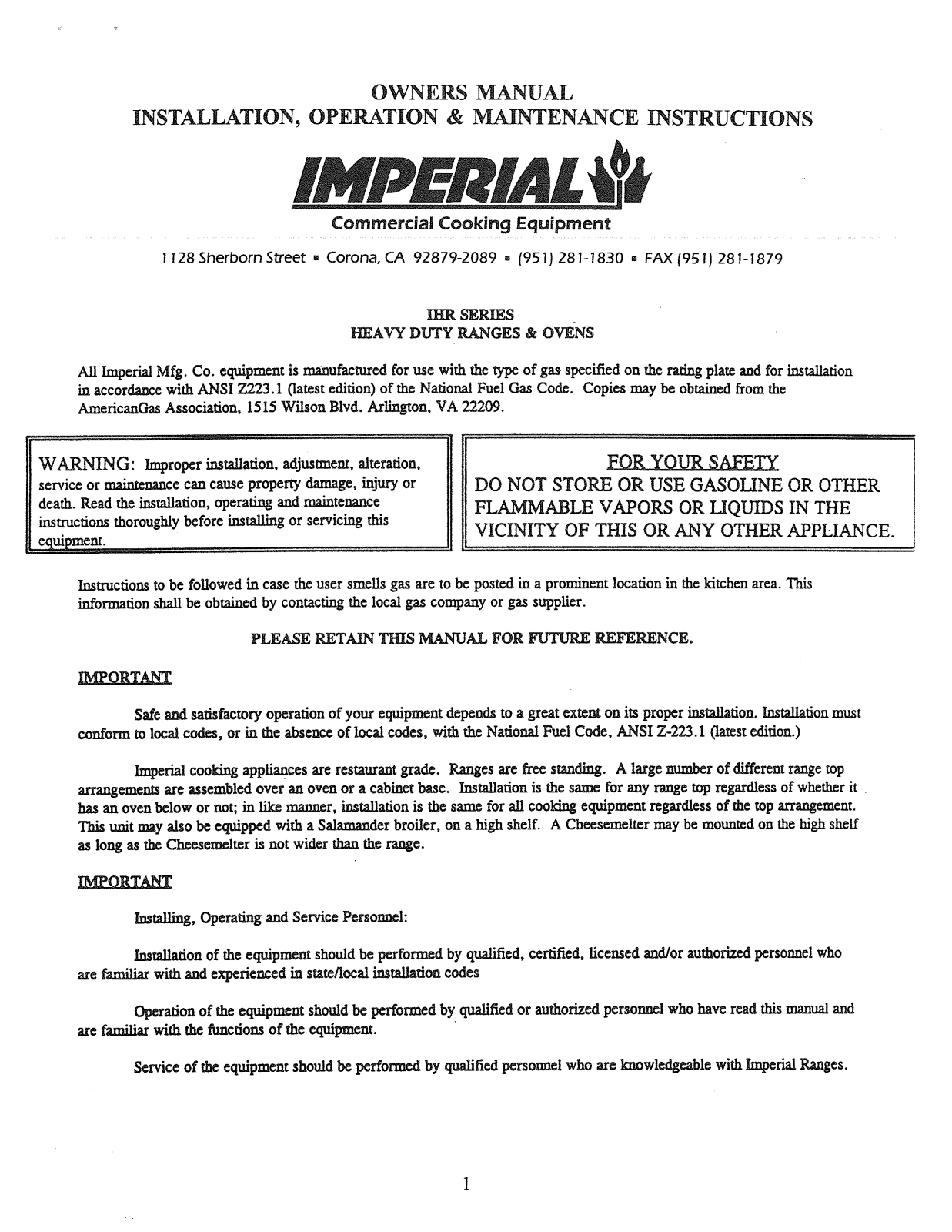 Imperial Commercial Cooking IHR-12SP Installation  Manual