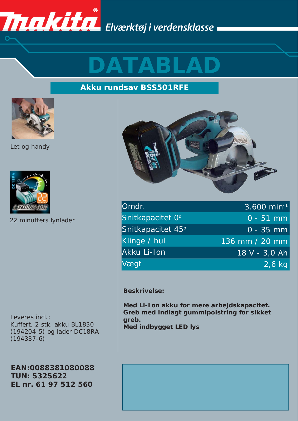 Makita BSS501RFE DATASHEET