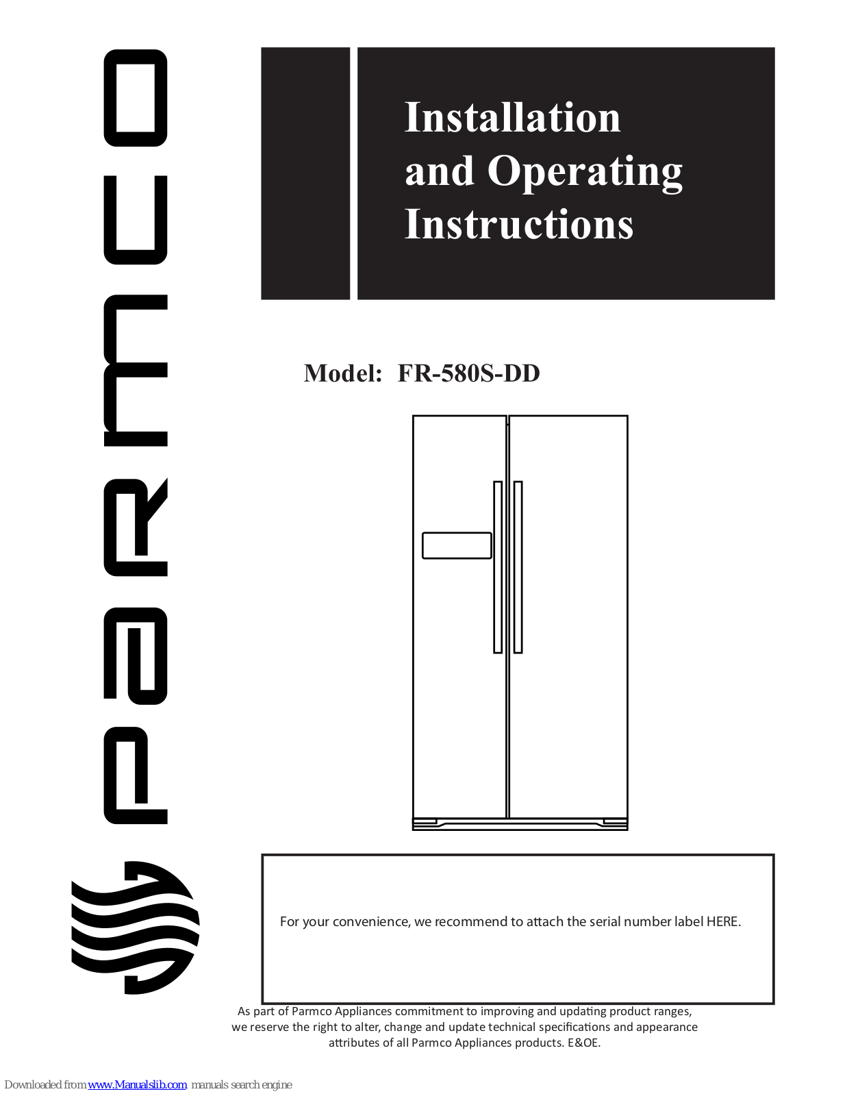 Parmco FR-580S-DD Installation And Operating Instructions Manual