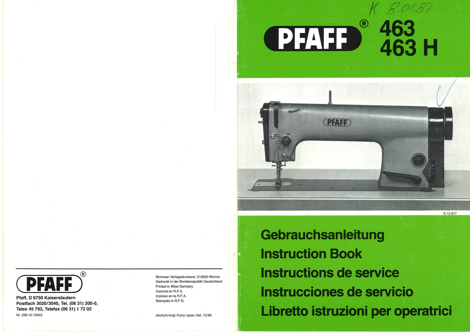 Pfaff 463H User Manual