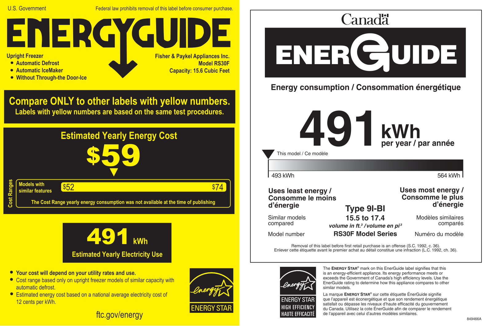 Fisher Paykel RS3084FLJ1, RS3084FRJK1 Energy Label