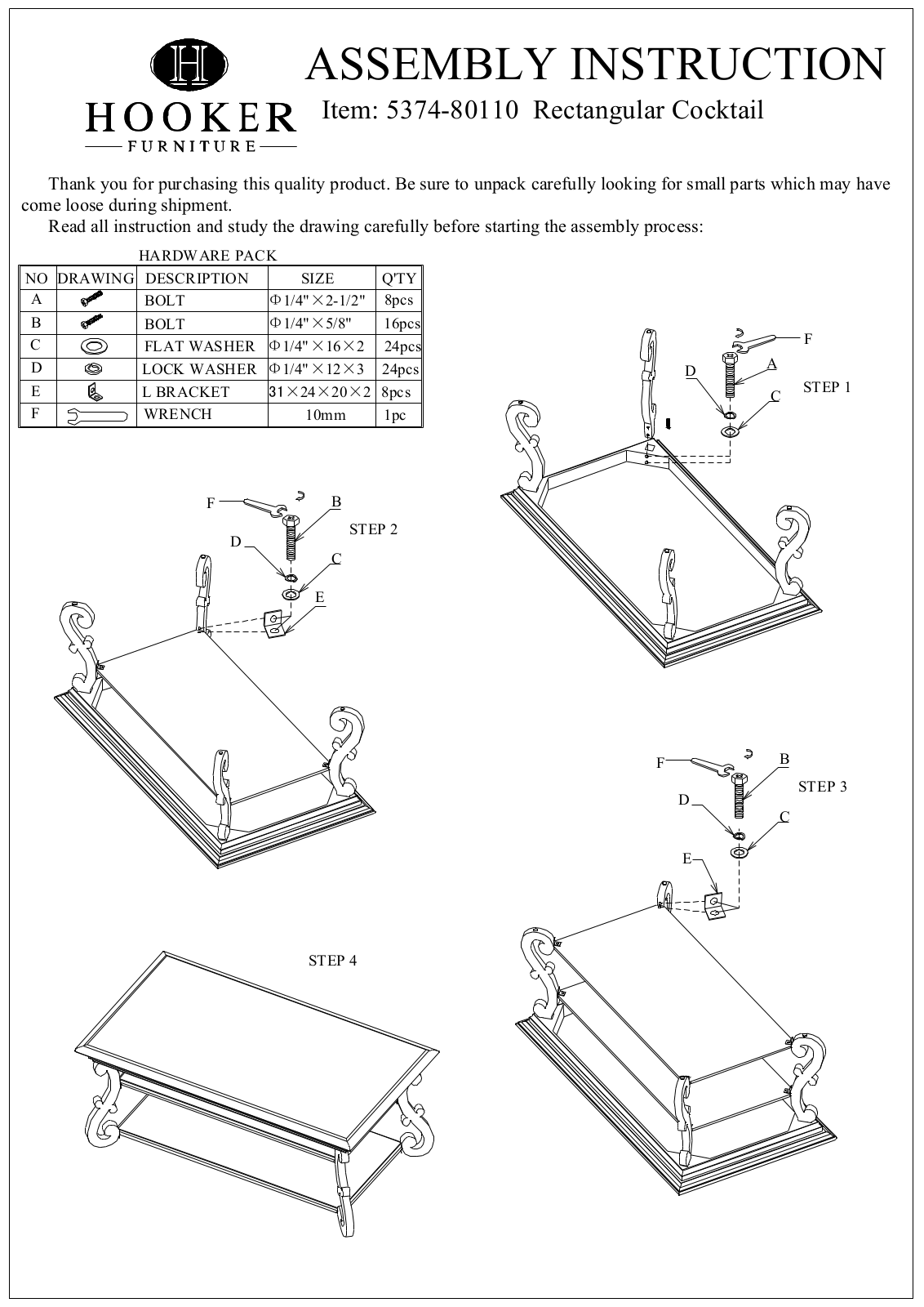 Hooker Furniture 537480110 Assembly Guide