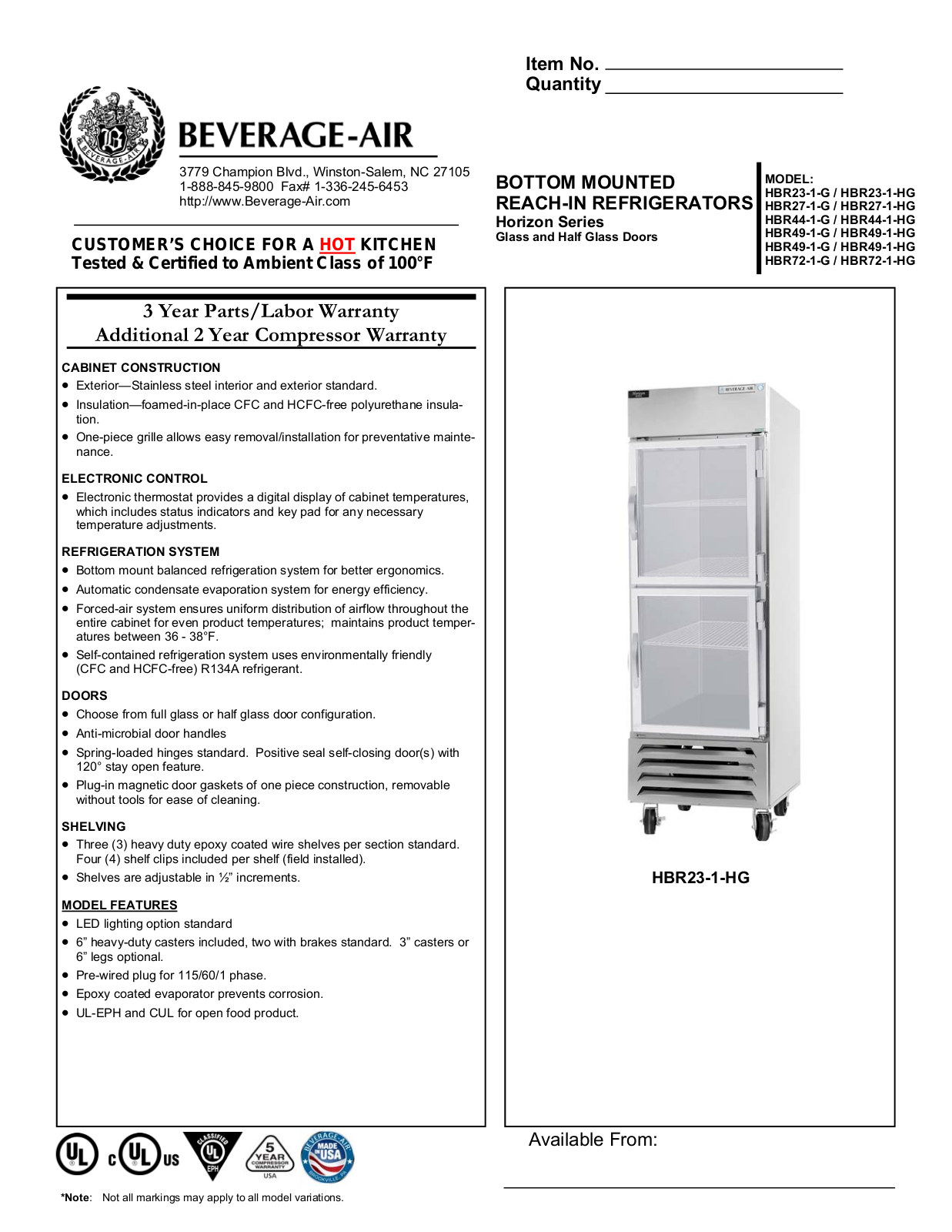 Beverage Air HBR23-1-HG User Manual