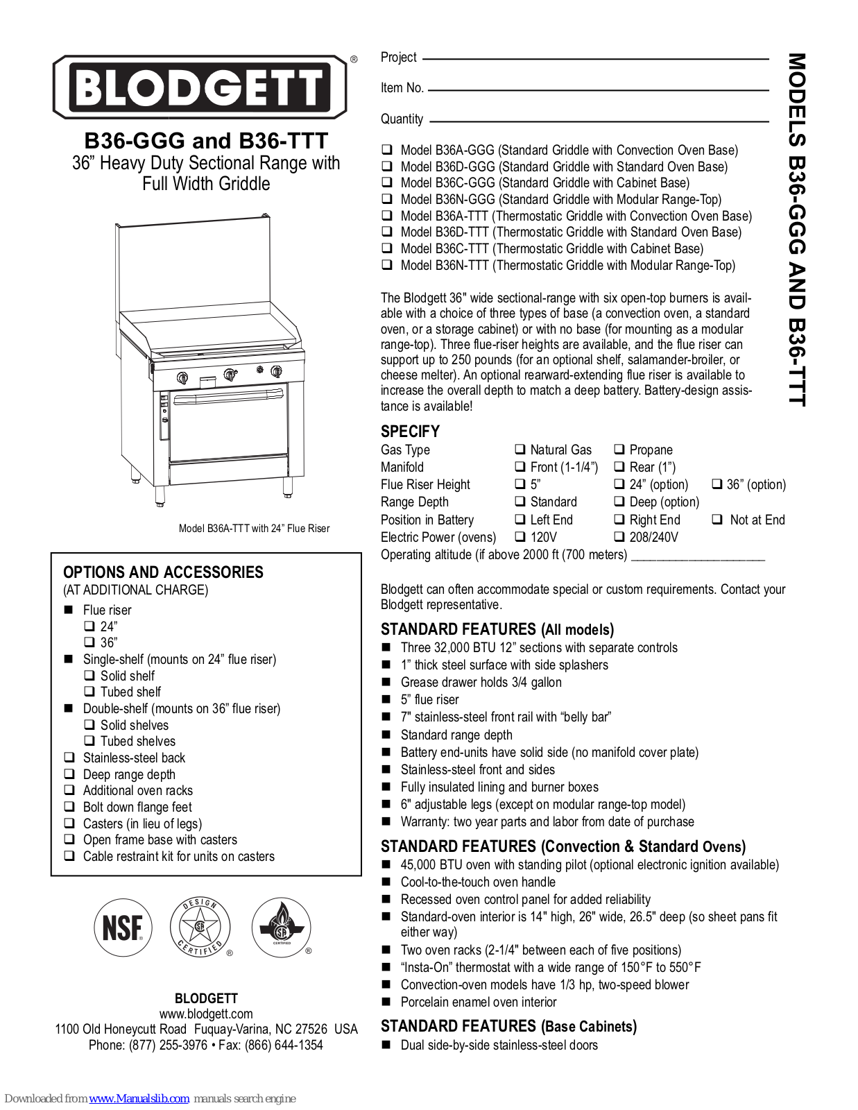 Blodgett B36A-TTT, B36C-GGG, B36C-TTT, B36D-GGG, B36D-TTT Specification Sheet