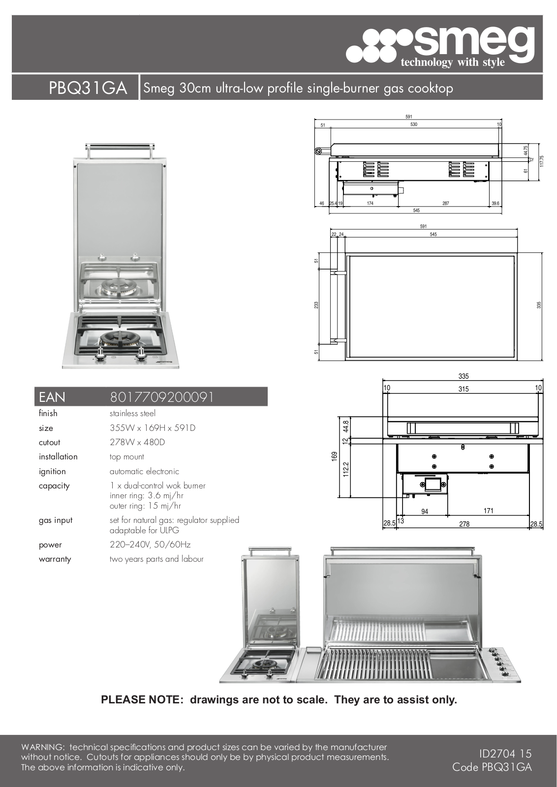 Smeg PBQ31GA Specifications Sheet